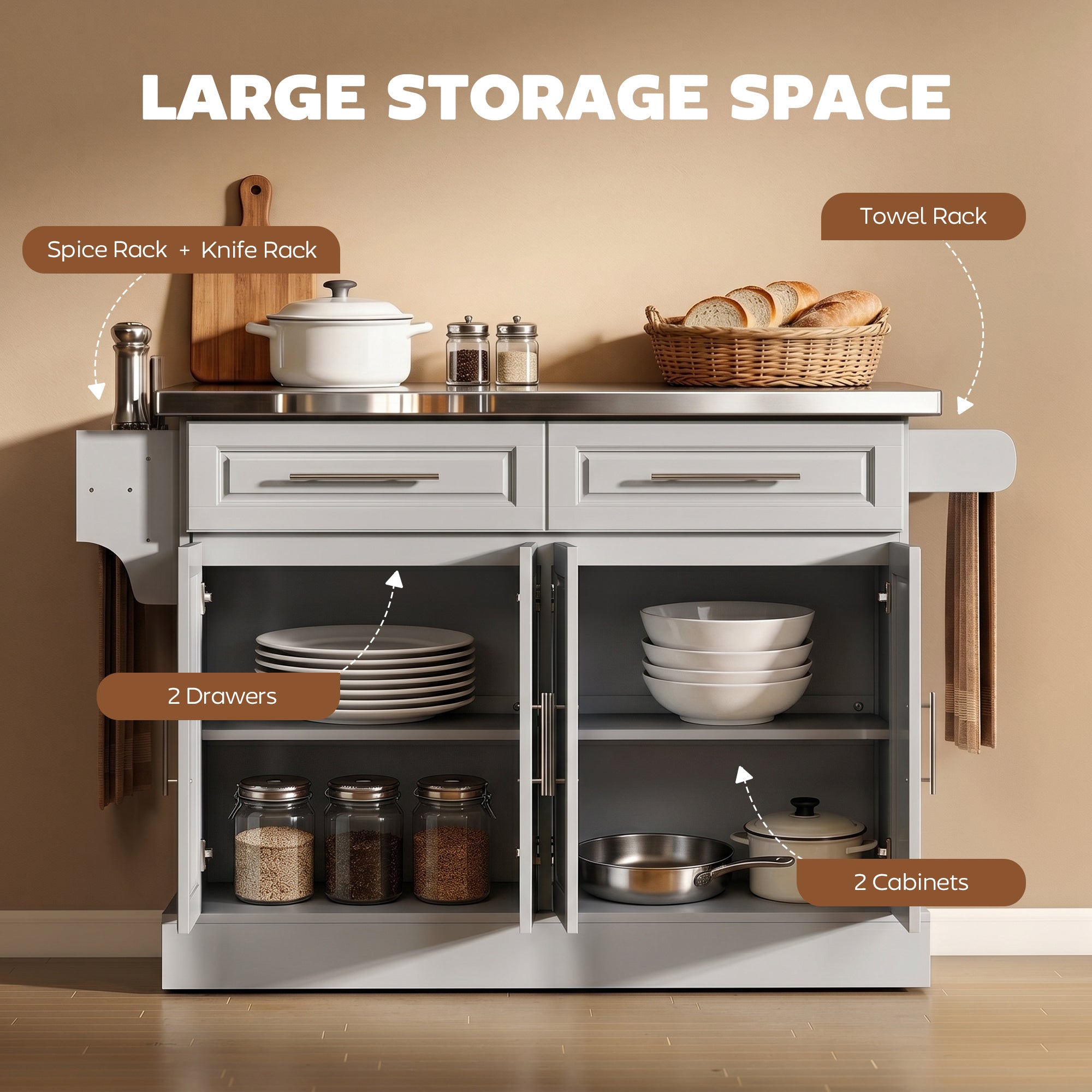 Rolling Kitchen Island Cart with 47" Stainless Steel Top, Portable Island Table for Kitchen with Wheels, Adjustable Shelves, 2 Drawers, Spice, Knife and Towel Rack, Gray