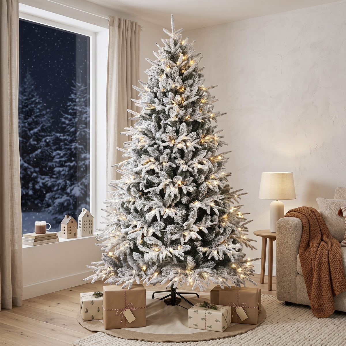 7ft Flocked Prelit Christmas Tree, Hinged Xmas Tree with 2679 Tips, 350 Warm White LED Lights, Green White