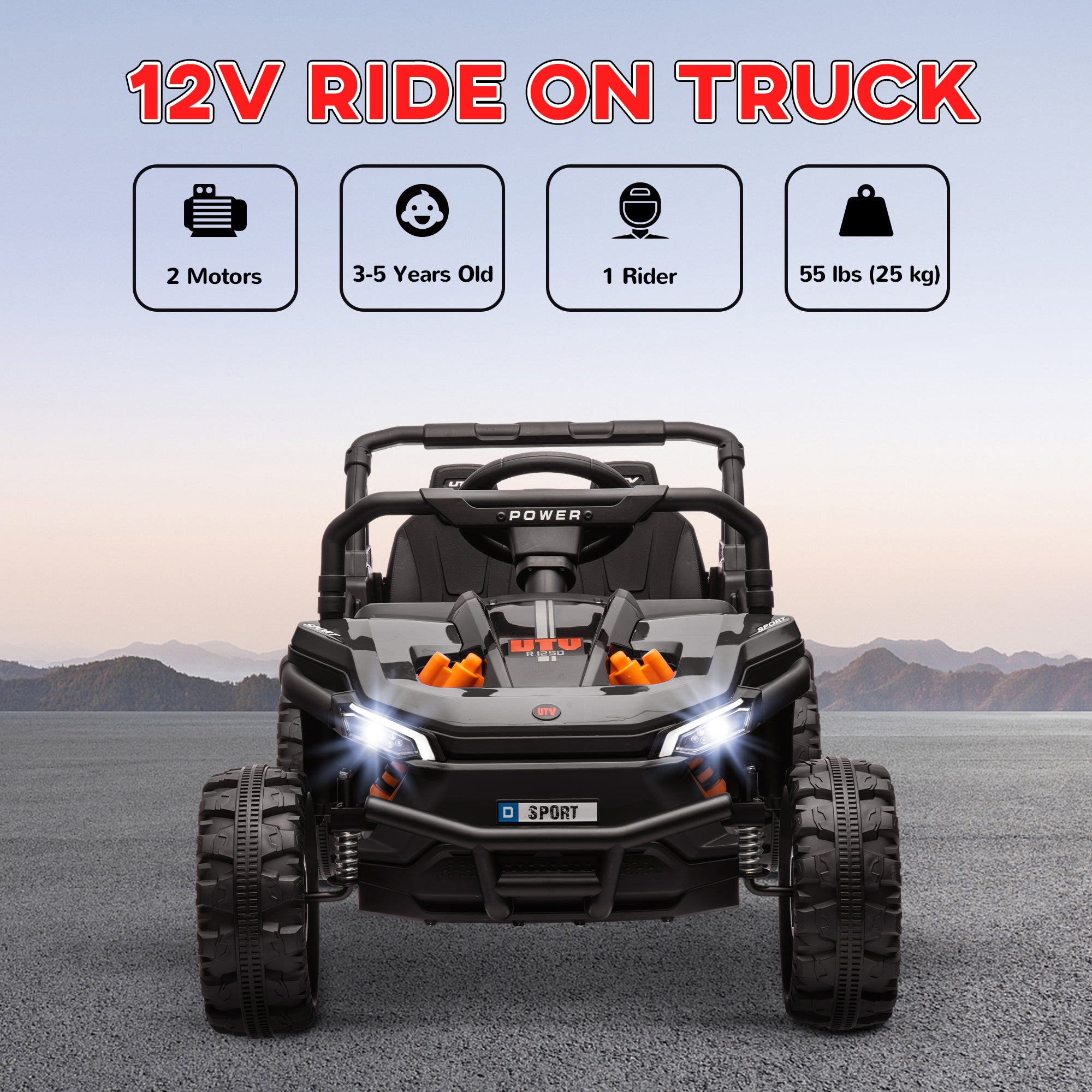 12V Ride On Truck, Battery Powered Electric Car for Kids w/ Remote Control, 4-Wheel Suspension & LED Lights, Black
