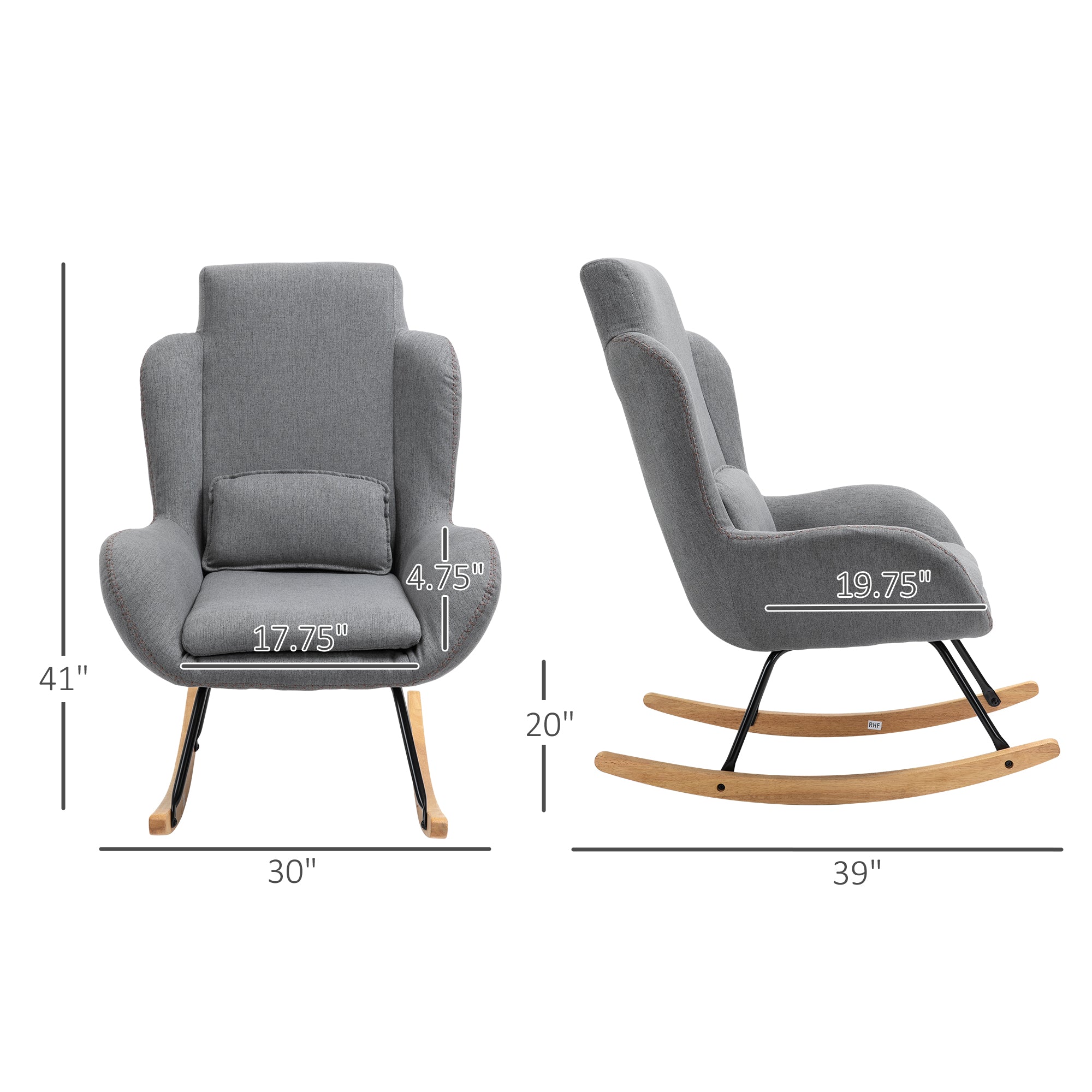 Modern Rocking Chair with Removable Lumbar Pillow Fabric Sofa Armchair with Thick Padding, Metal Frame, Wood Base for Living Room, Light Gray