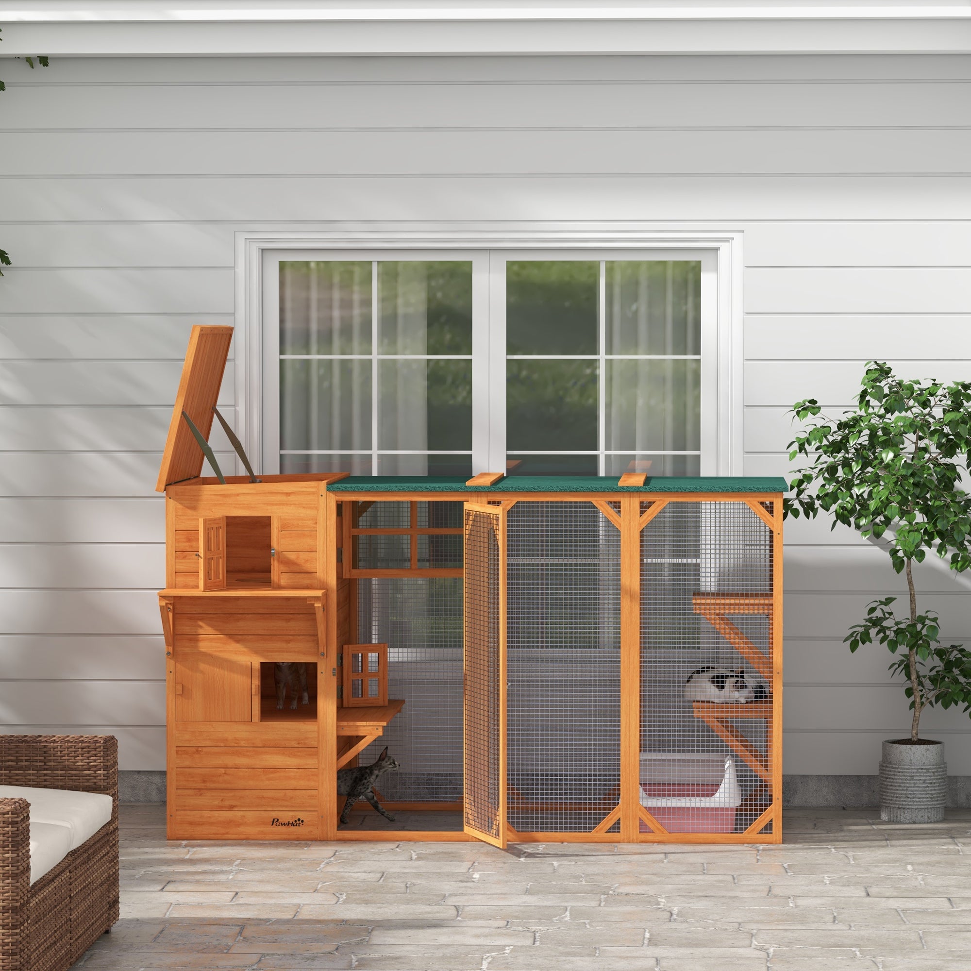 Large Outdoor Cat House for 3 Kitties, Multi-Level Design with Big Hiding Areas 2 Stories & Multiple Platforms Cat Condo - Orange - Image 7