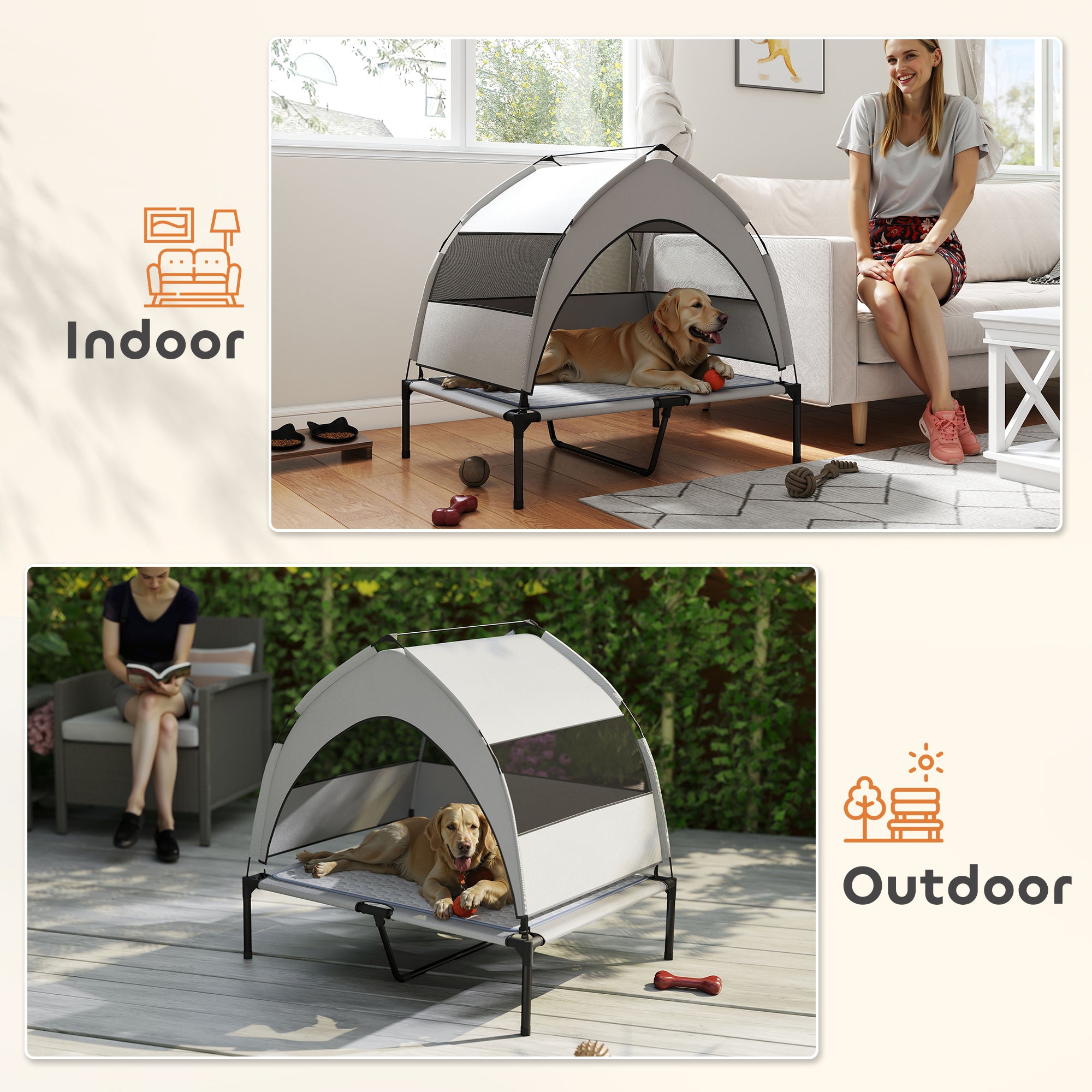 Elevated Dog Bed with Removable Canopy, Portable Outside Raised Pet Cot with Cooling Pad, Storage Bag, 36" x 29.5" x 35" - Light Gray - Image 8