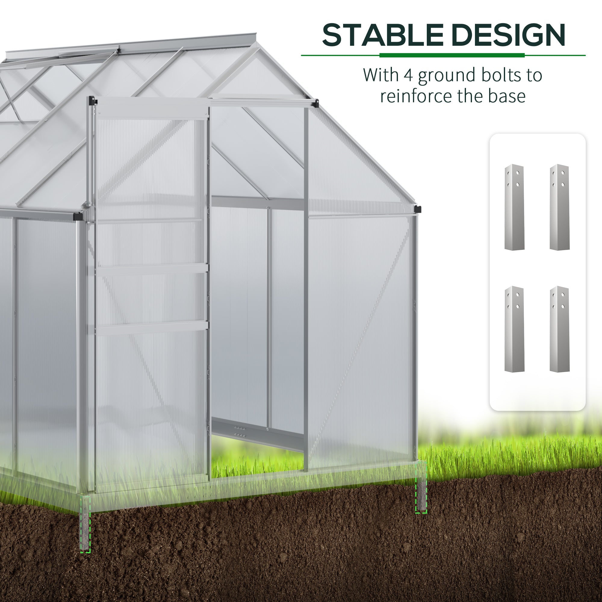 8' x 6' Aluminum Outdoor Greenhouse, Polycarbonate Walk-in Garden Greenhouse Kit with Adjustable Roof Vent, Rain Gutter and Sliding Door for Winter, Silver - Silver - Image 6