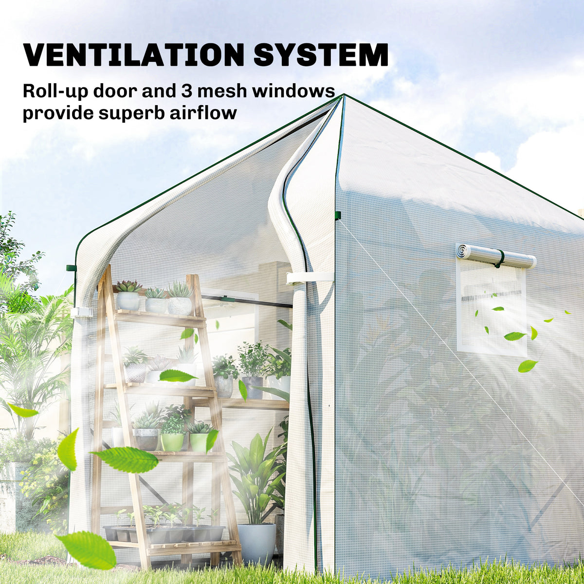 Walk-in Greenhouse, 63" x 63" x 78.7", Roll-Up Door, 3 Mesh Windows, PE Cover, Steel Frame, White