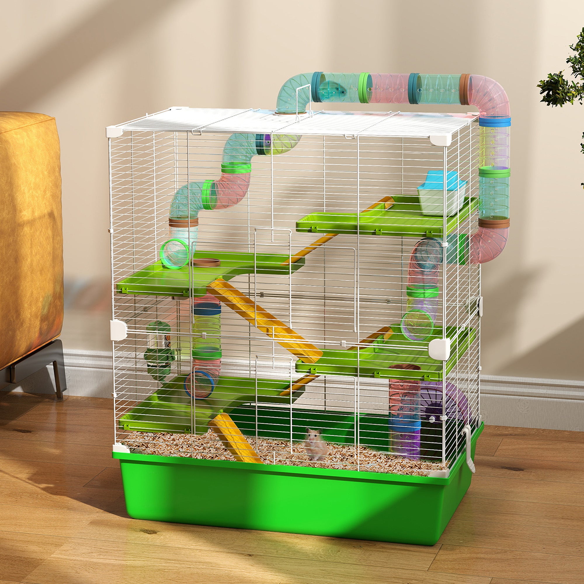 23" 5-Tier Hamster Cage with Wheel and Water Bottle, Green - Green - Image 2
