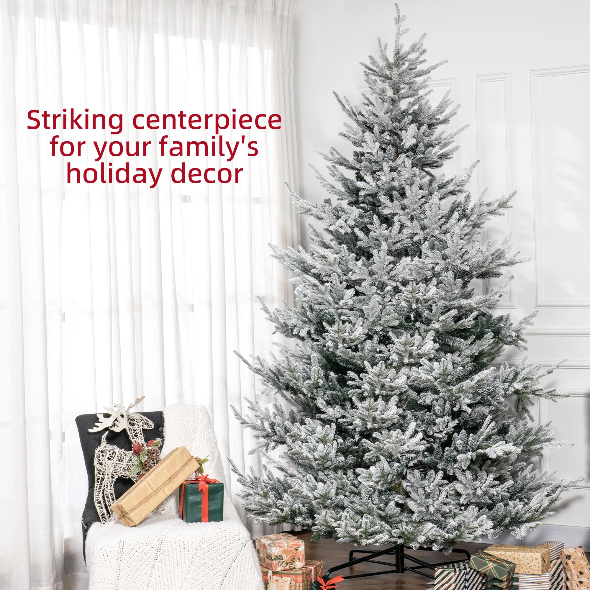 9 FT Artificial Christmas Tree, Flocked Hinged Xmas Tree with 1939 Tips, Steel Base, Auto Open, Green