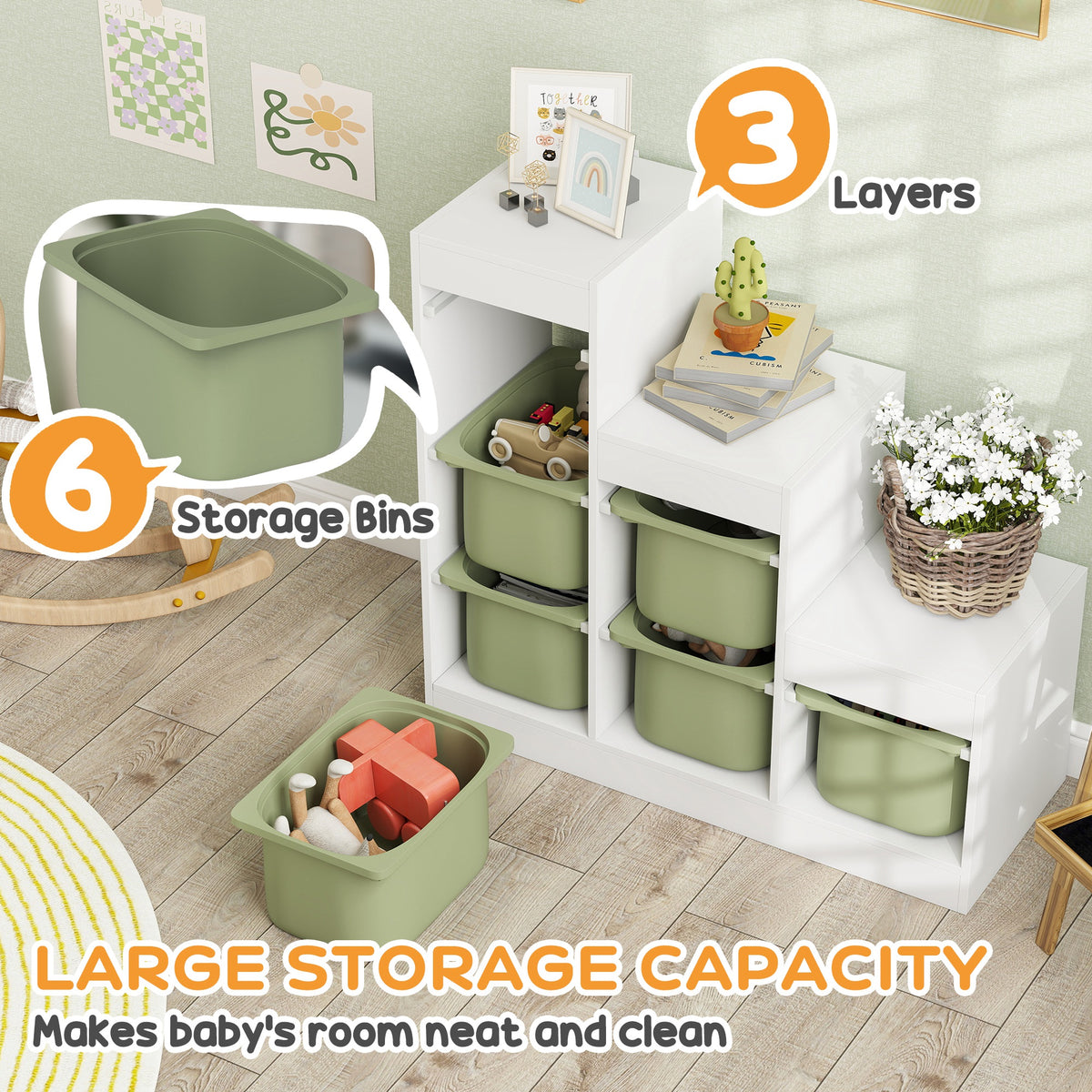 3 Layers Kids Toy Storage Organizer with 6 Storage Bins, Kids Bookshelf for Ages 3-8 Years, Play Room, Bedroom, Green