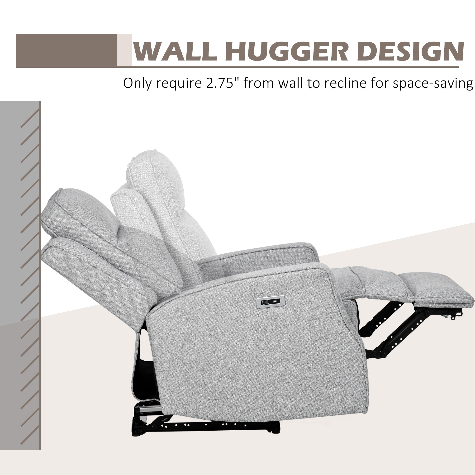 Electric Power Recliner, Wall Hugger Armchair with USB Charging Station, Sofa Recliner with Linen Upholstered Seat and Retractable Footrest, Gray
