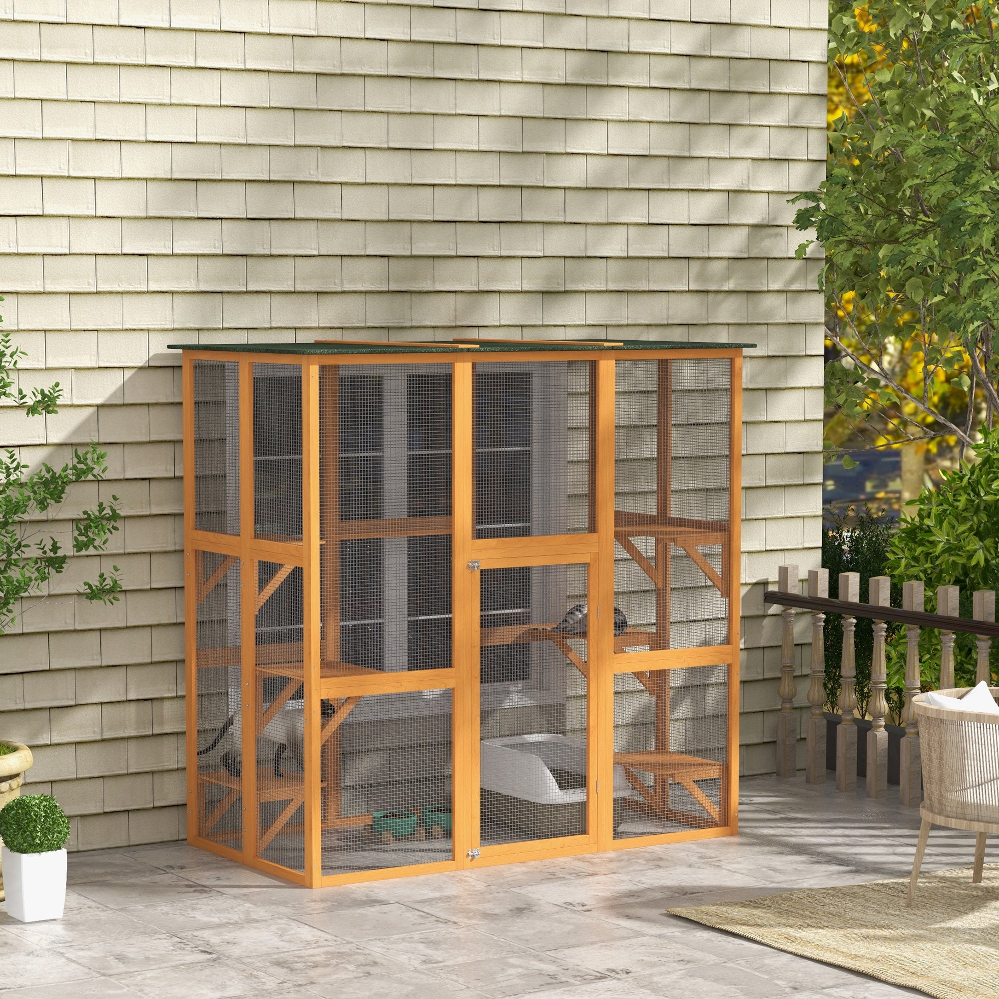 Outdoor Cat House Big Catio Wooden Feral Cat Shelter Enclosure with Large Spacious Interior, 6 High Ledges, Weather Protection Asphalt Roof, 71" L, Orange - Orange - Image 2