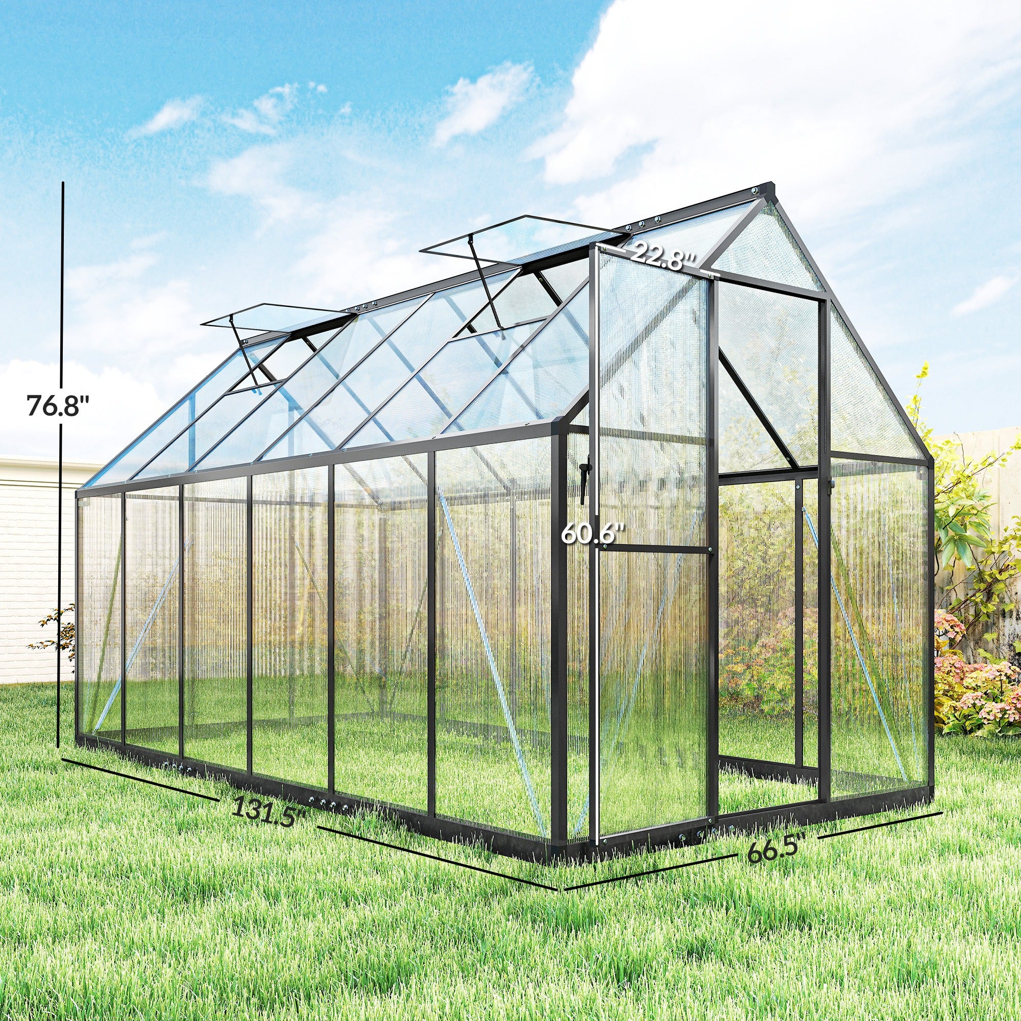Polycarbonate Greenhouse with Swing Door and Two Adjustable Roof Vents, Aluminum Walk-in Greenhouse, 11x6 ft, Black - Black - Image 3