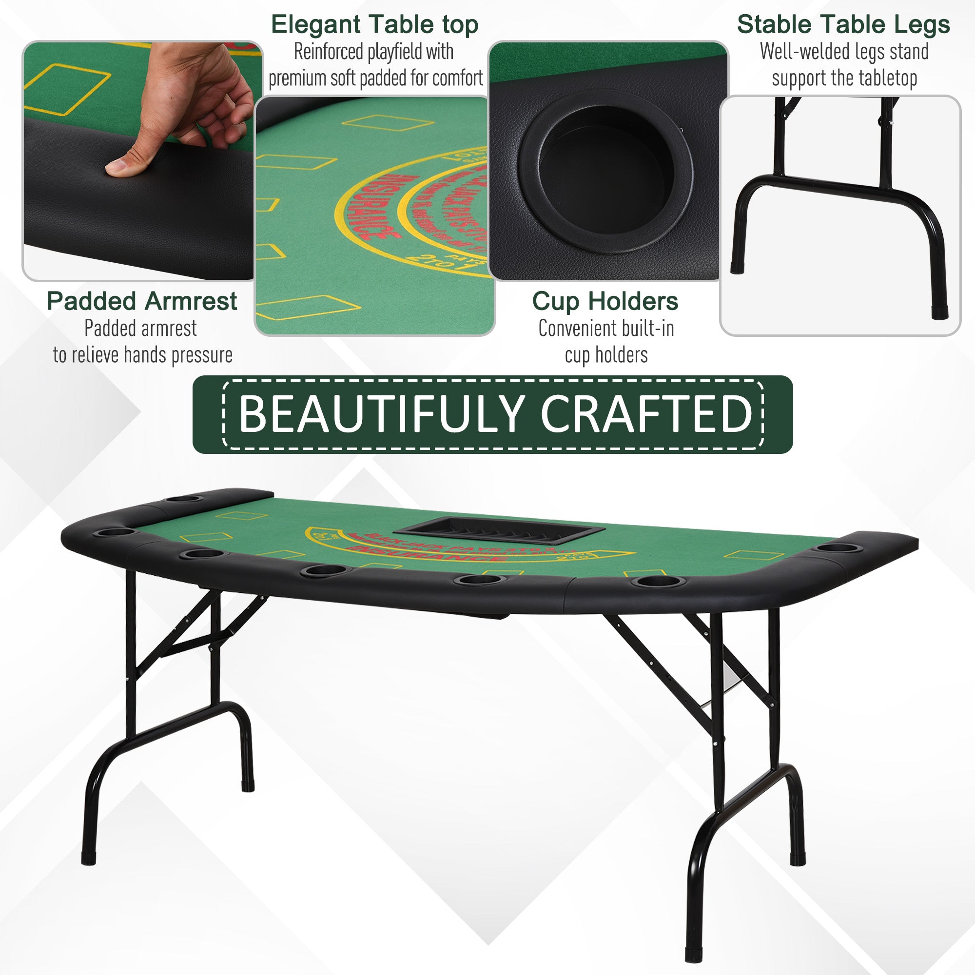 Poker Table Foldable, 72" Blackjack Table for 7 Players with Chip & Cup Holder, Green Felt