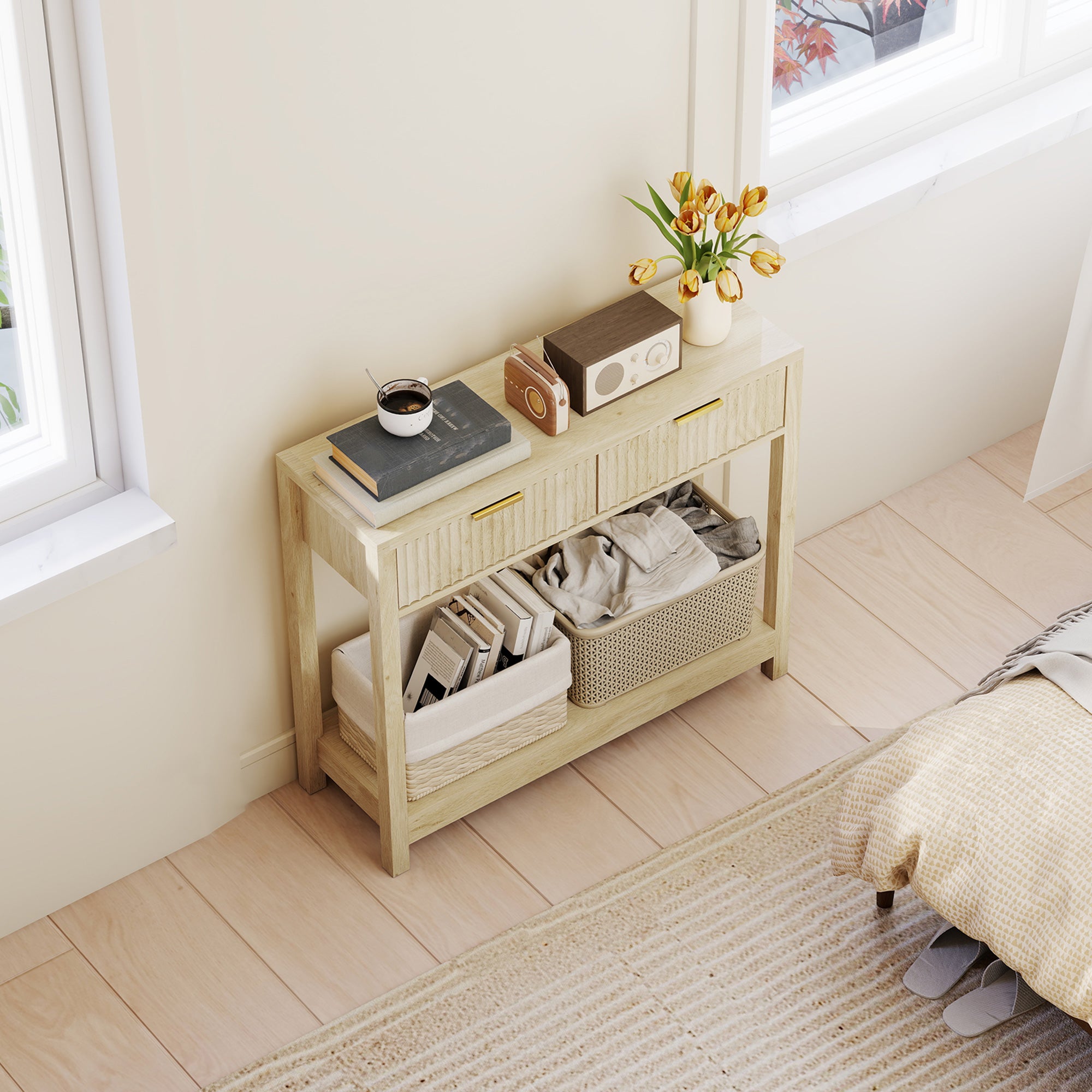 35" Console Table with Storage, Narrow Entryway Table with Fluted Panel Drawers and Shelf for Hallway, Natural