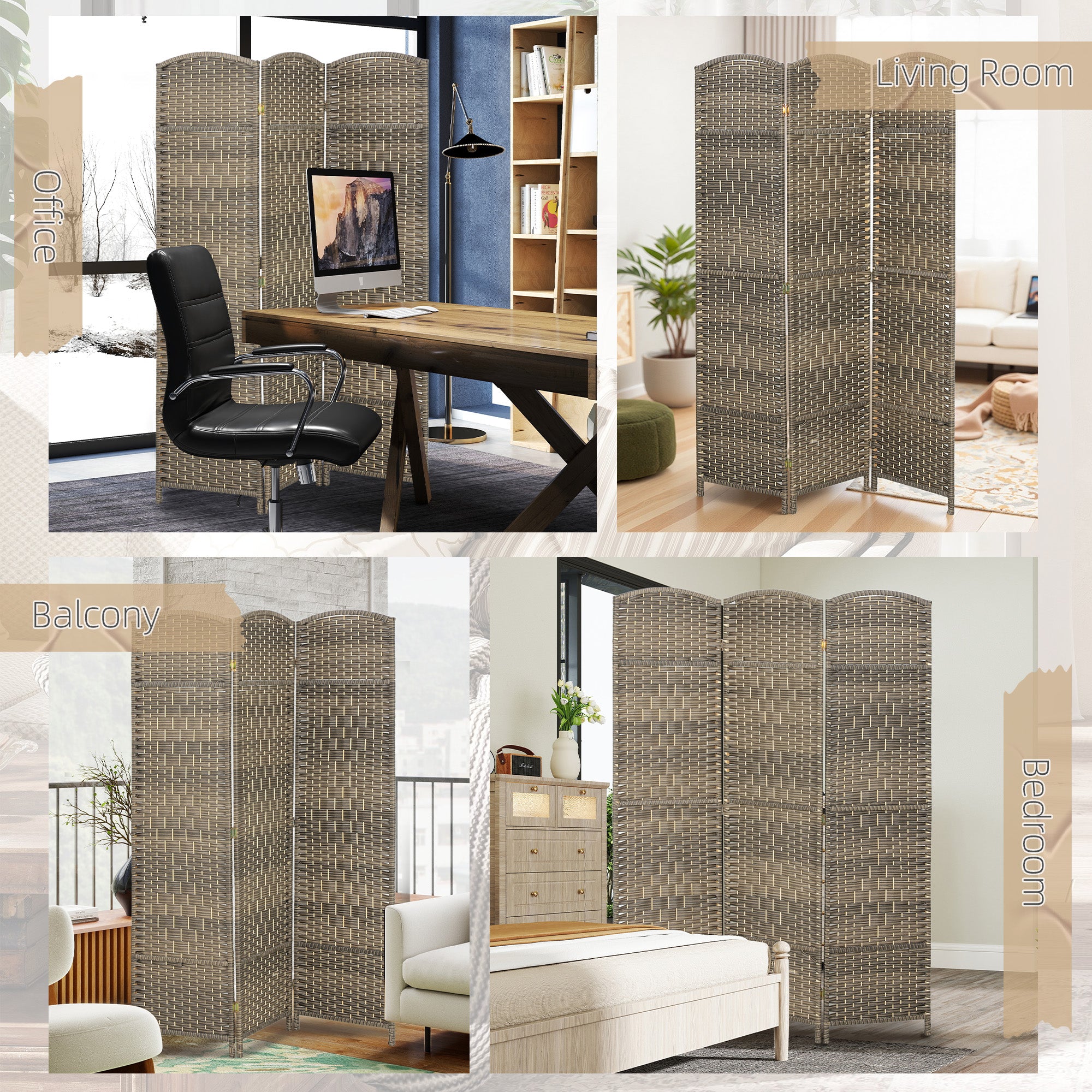 Folding Room Divider Screen 3 Panel 6' Tall Privacy Screen Freestanding Wood Partition for Home Office, Dark Rustic Oak