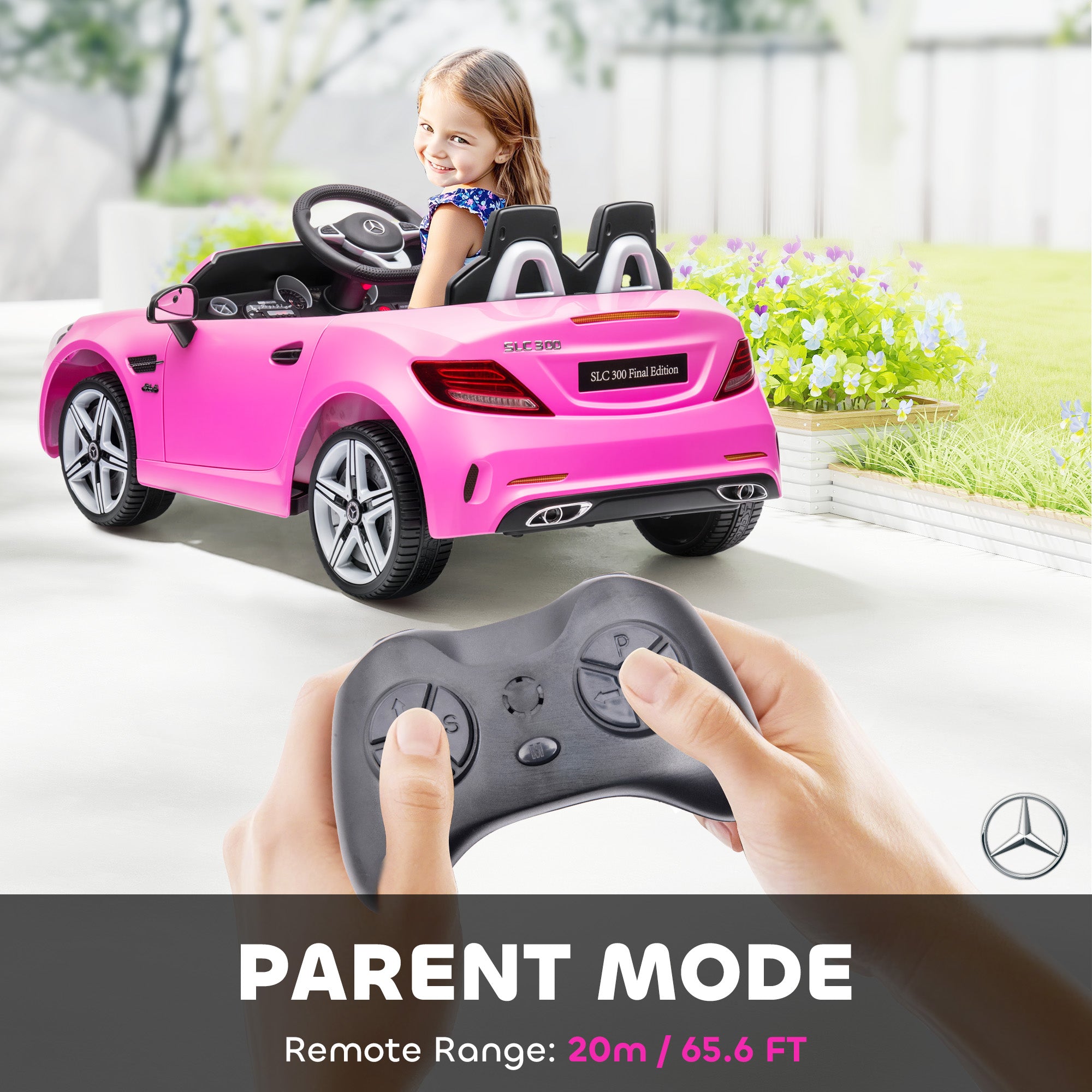 Mercedes SLC 300 Licensed Kids Electric Car with Remote Control, 12V Battery Powered Kids Ride on Car with Music, Lights, Suspension for 3-6 Years Old, Pink