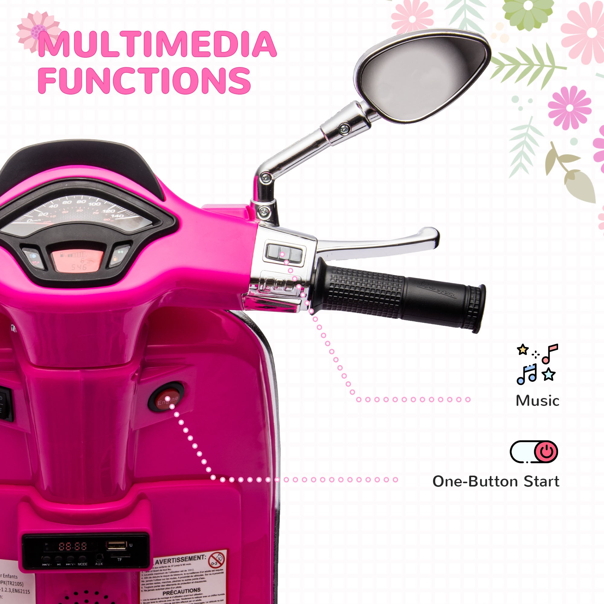 Vespa Licensed Kids Motorcycle 6V Toddler Motorcycle with Music, FM Radio, Headlight, Pink