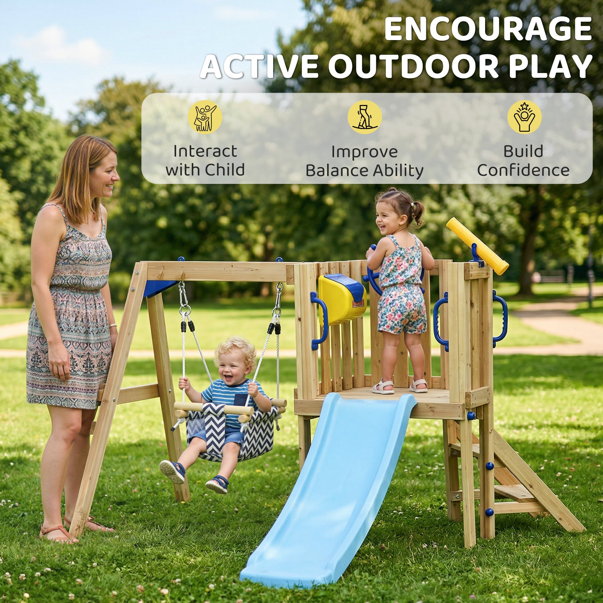 Swing Set for Backyard, Wooden Toddler Outdoor Playset with Baby Swing Seat, Kids Slide, Fort, Playground Equipment with Captain's Wheel, Telescope for Ages 1.5-4, Natural