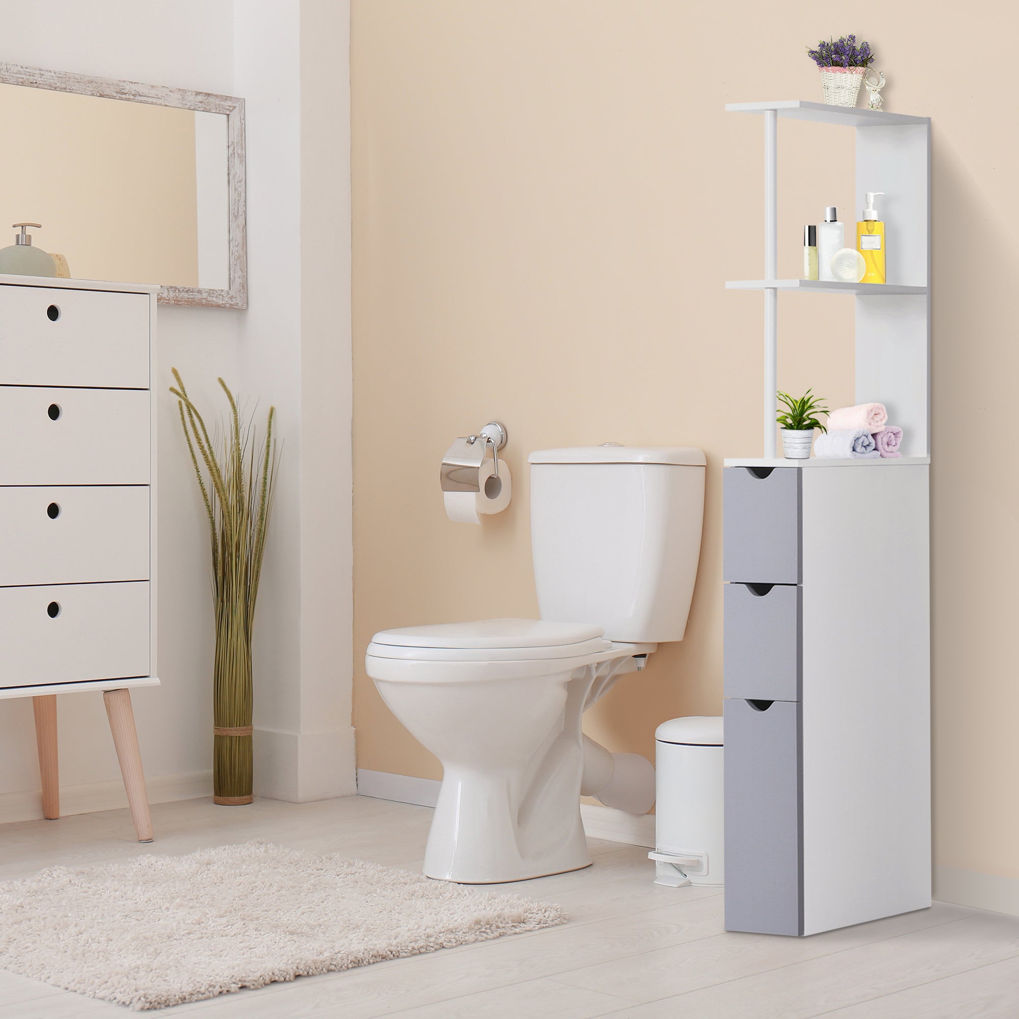 54" Tall Bathroom Storage Cabinet, Freestanding Linen Tower with 2-Tier Shelf and Drawers, Narrow Side Floor Organizer, White
