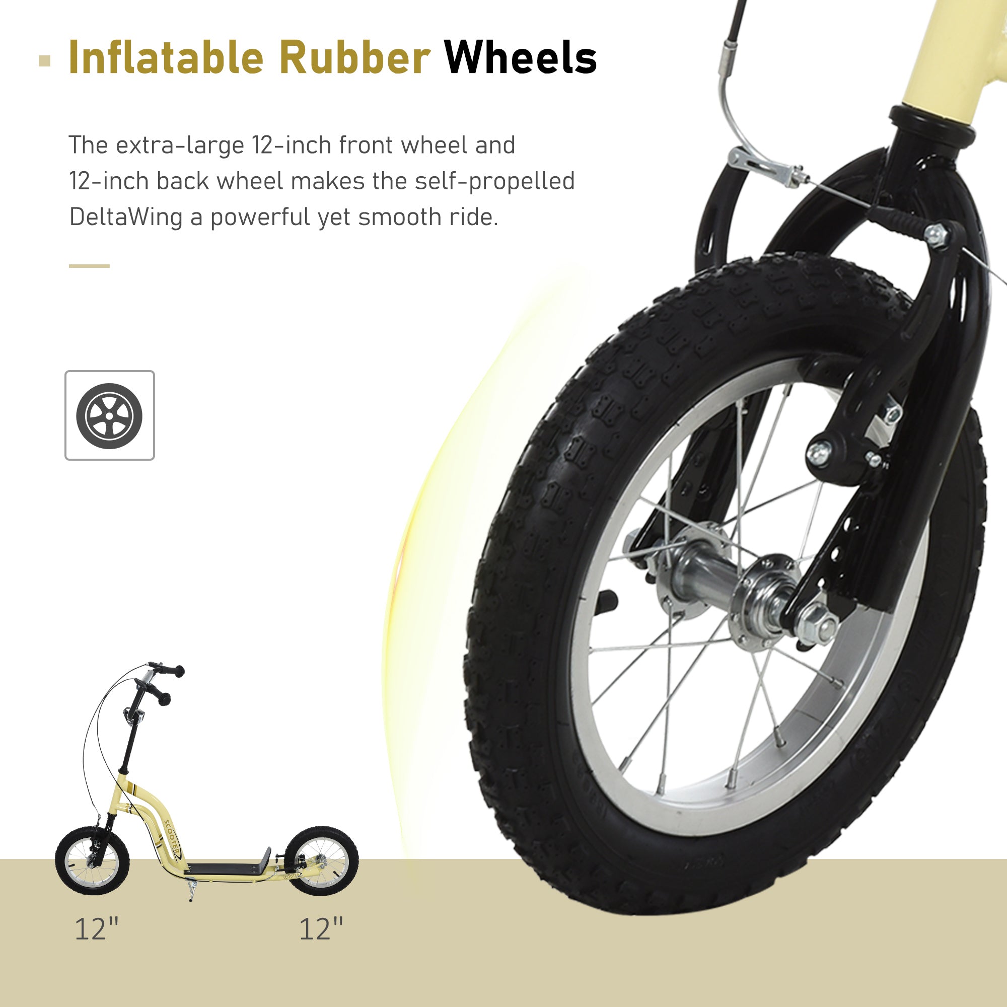 Youth Scooter Front and Rear Caliper Dual Brakes 12-Inch Inflatable Front Wheel Ride On Toy For Age 5+ - Beige