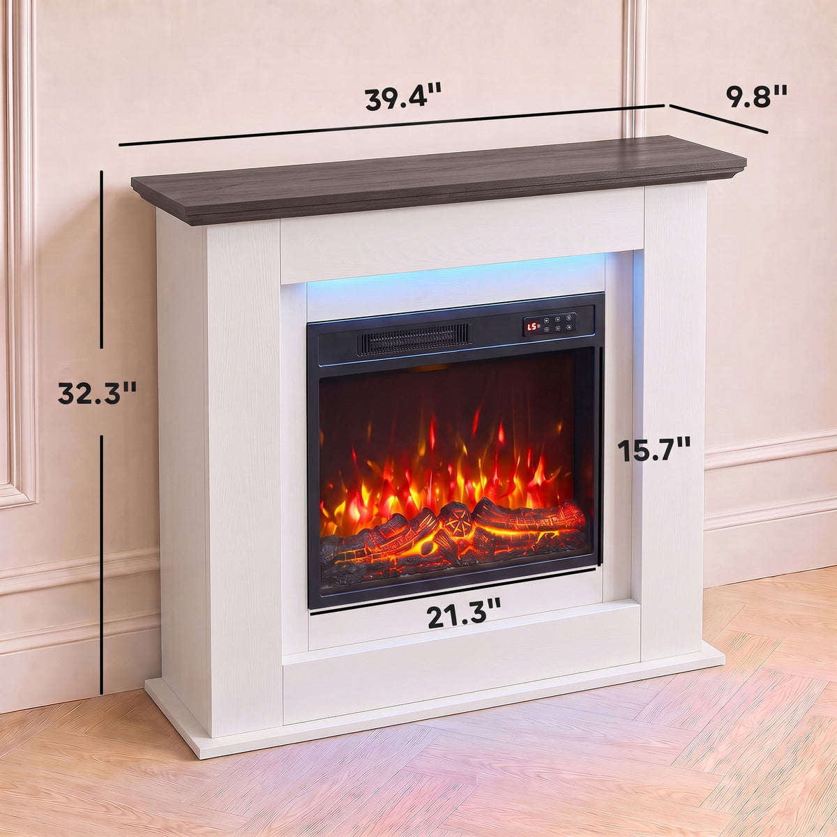 40" Electric Fireplace with Mantel, LED Strip, Fireplace TV Stand for 55" TVs, Adjustable Flame, White