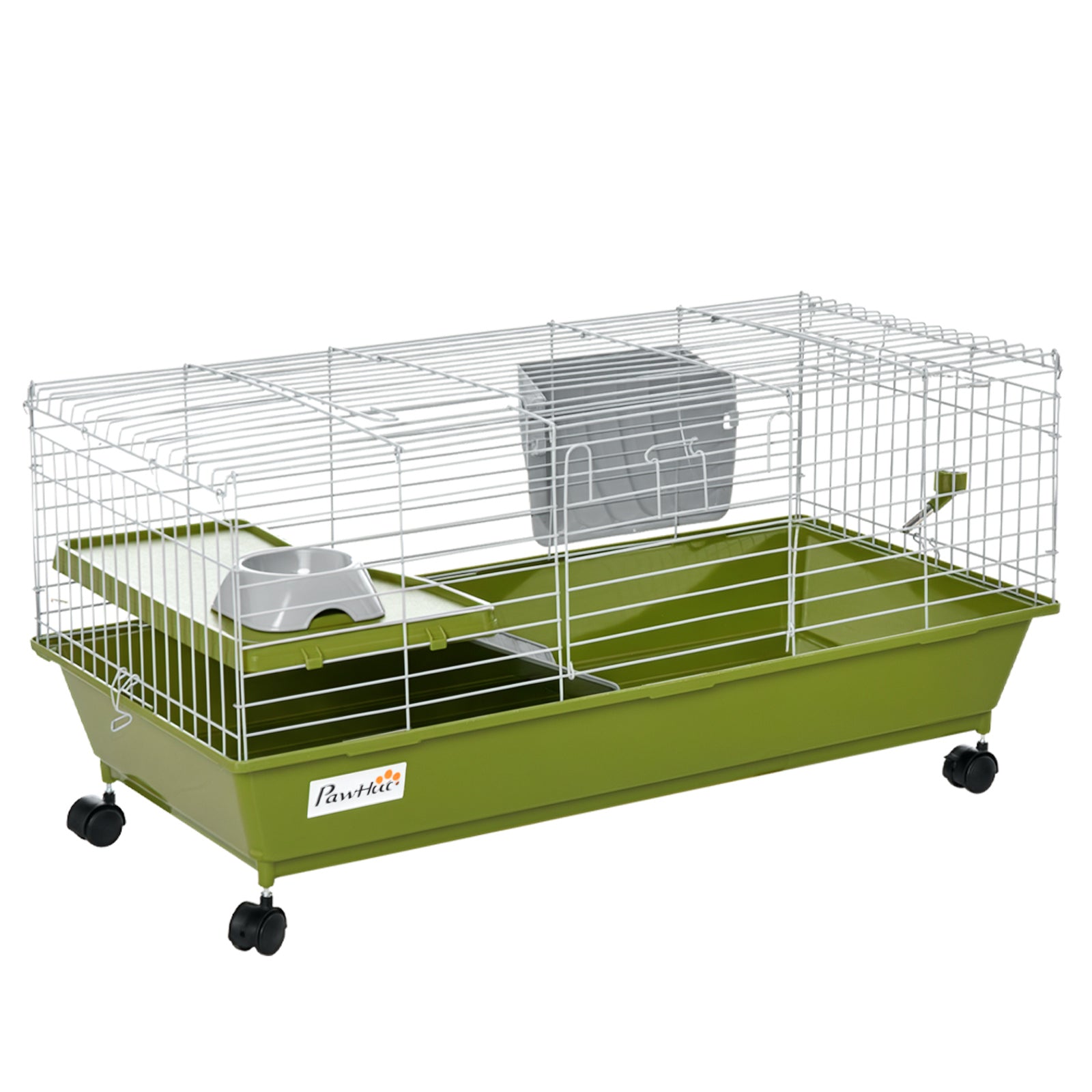 35"L Small Animal Cage, Rolling Bunny Cage, Guinea Pig Cage with Food Dish, Water Bottle, Hay Feeder, Platform, Ramp for Chinchilla, Green - Green