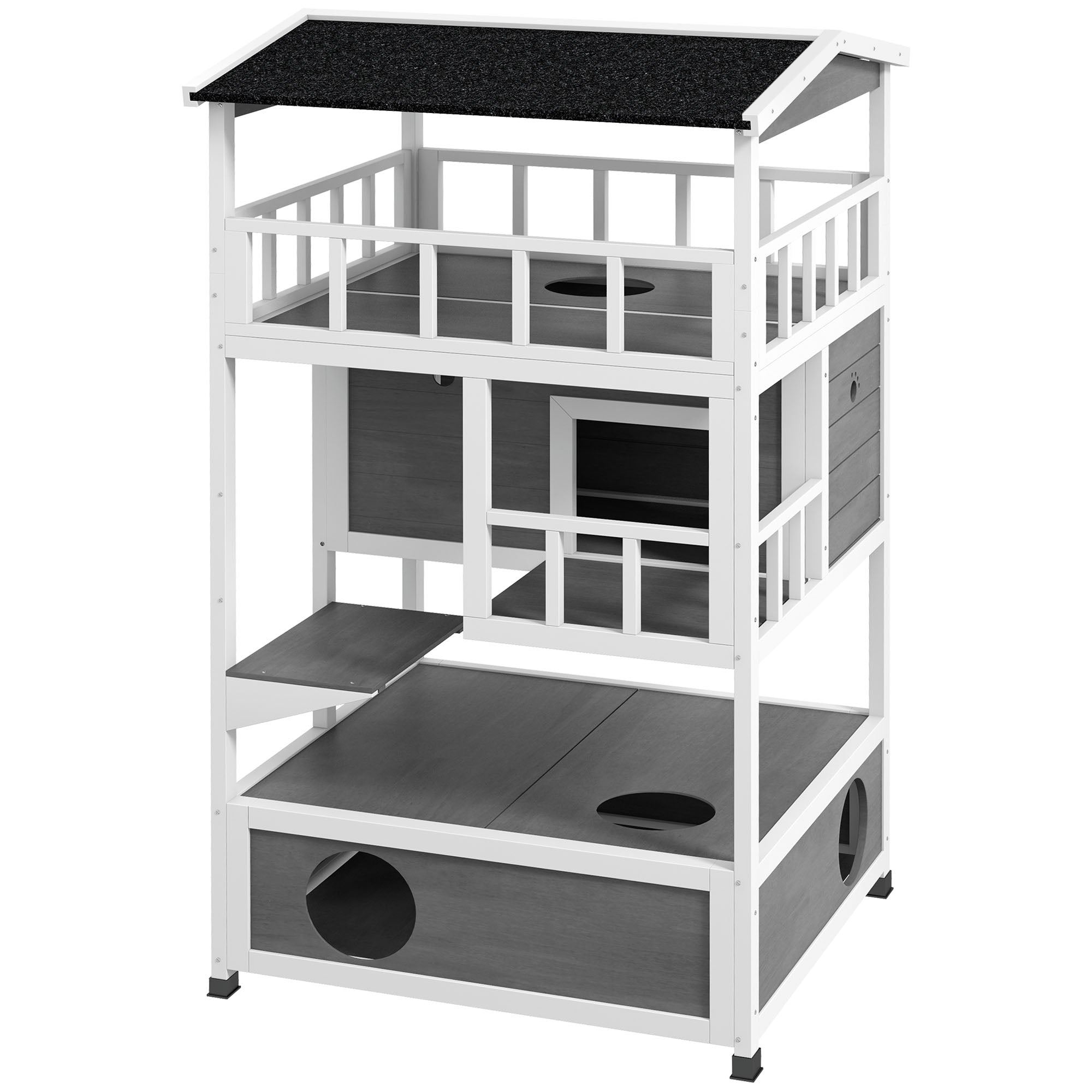 Wooden Outdoor Cat House with Asphalt Roof, Escape Doors, Condo, Jumping Platform, Light Gray - Light Gray