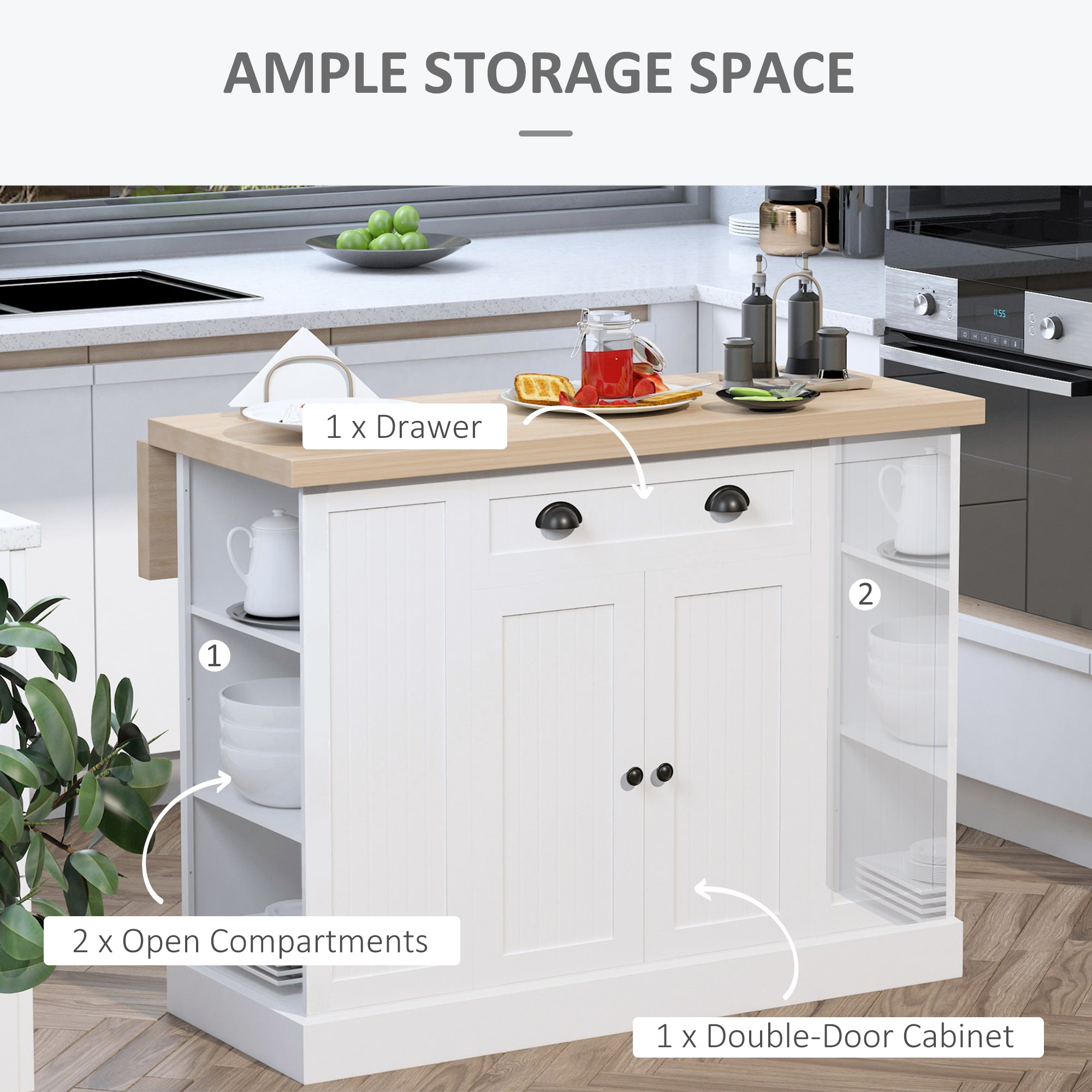 47" Fluted-Style Wooden Kitchen Island, Kitchen Countertop Storage Cabinet with Drawer, Open Shelves, Storage, White