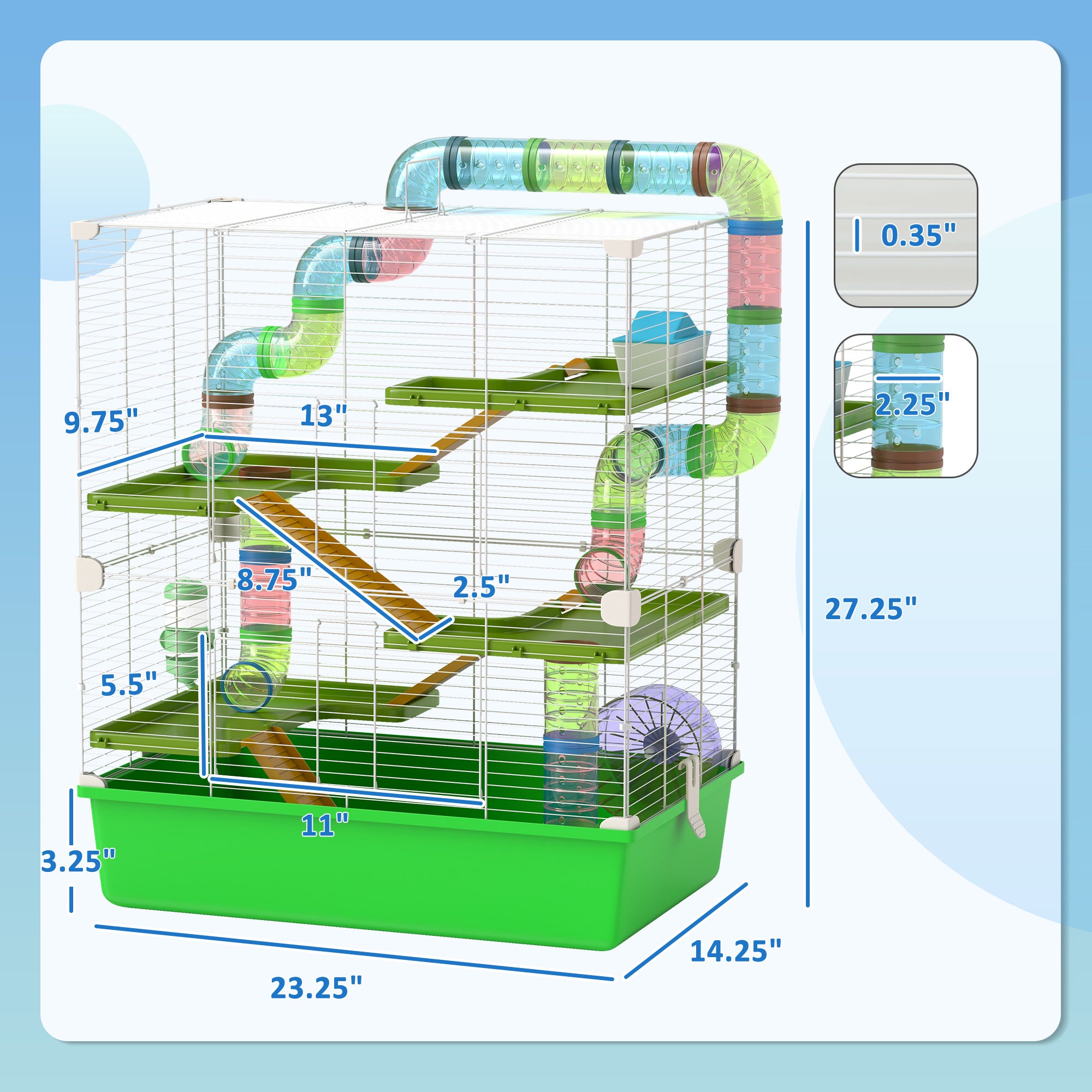 23" 5-Tier Hamster Cage with Wheel and Water Bottle, Green - Green - Image 3