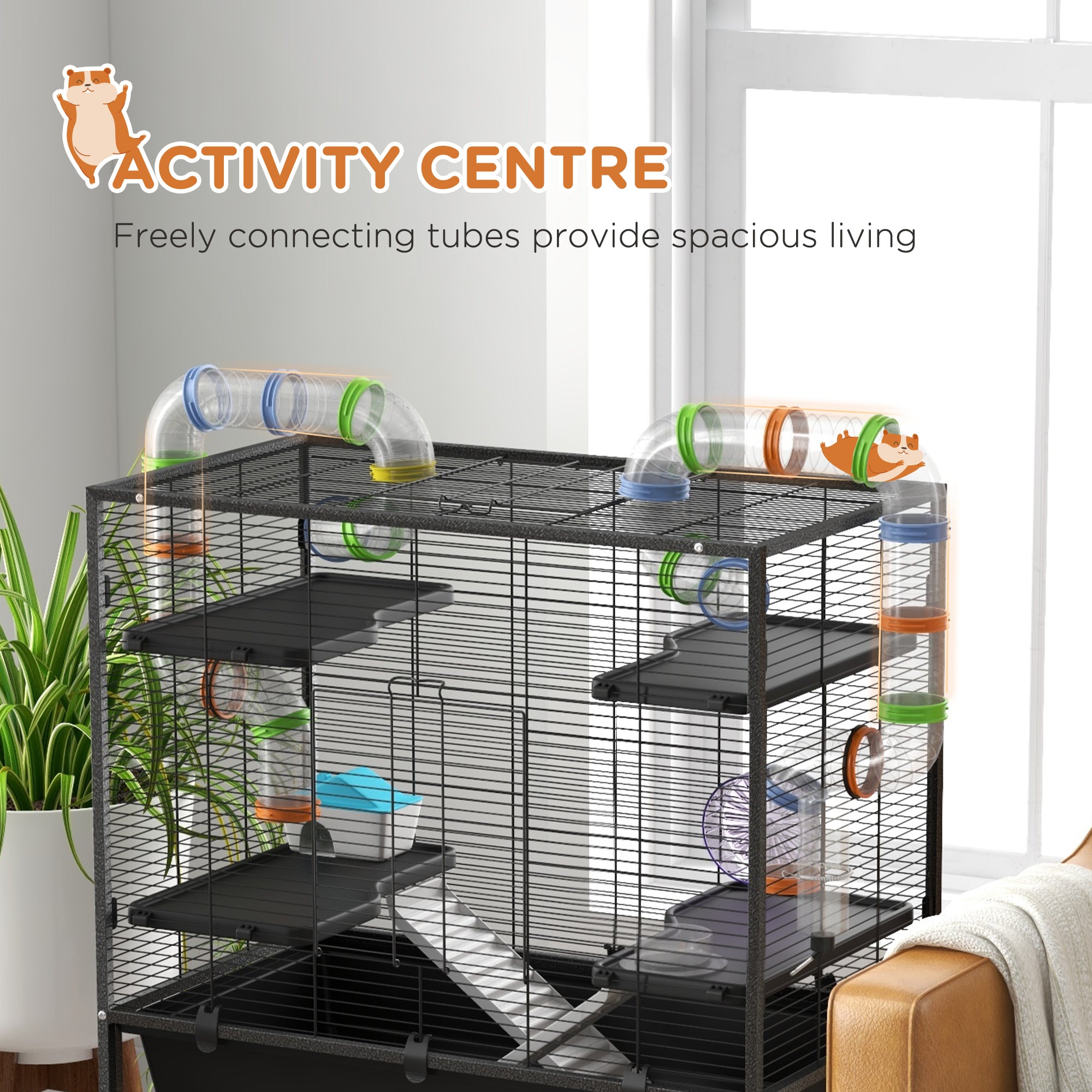 Small Animal Cage for Syrian Hamster, Gerbil Cage with Tubing System, Running Wheel, Ramps, Platforms - Black - Image 4