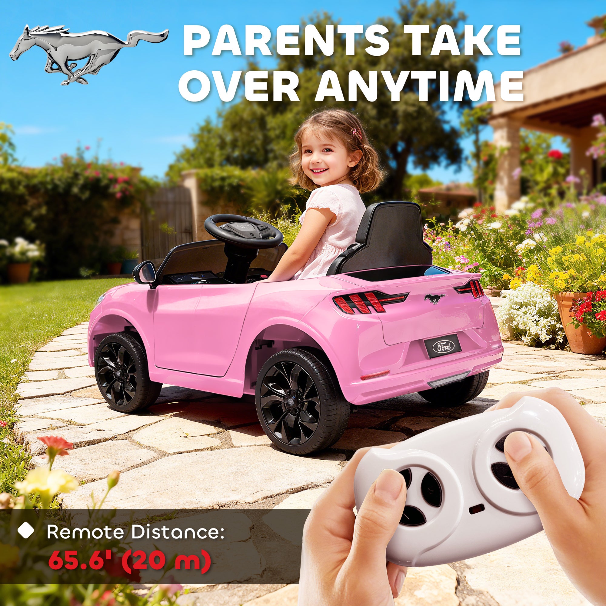 12V Kids Ride On Car, Licensed Ford Mustang Mach-E Electric Car with Remote Control, LED Light, Music, Pink