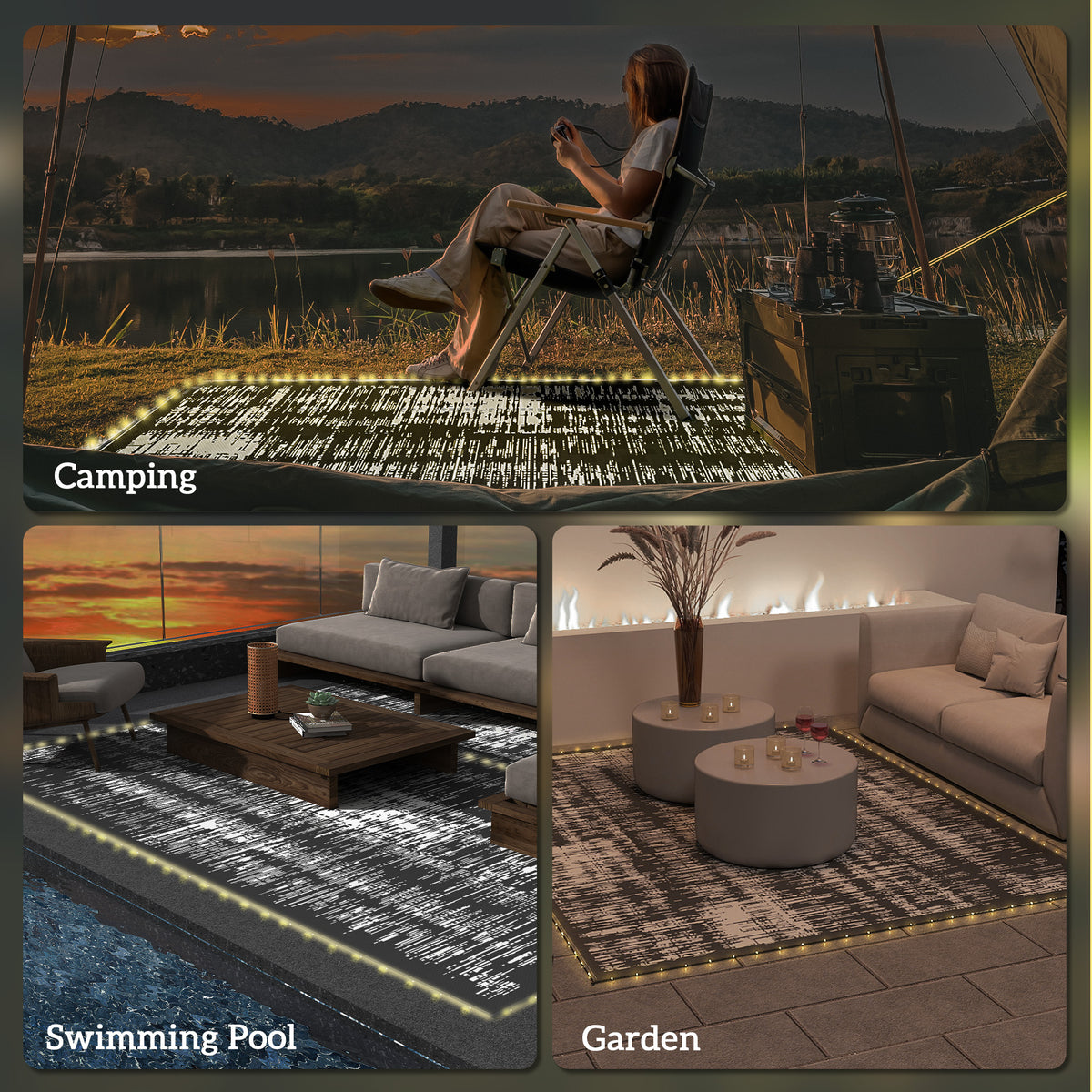 Reversible Outdoor Rug Carpet with LED Lights, Carry Bag & Ground Stakes for Backyard, Deck, Picnic, Beach, 10' x 8'