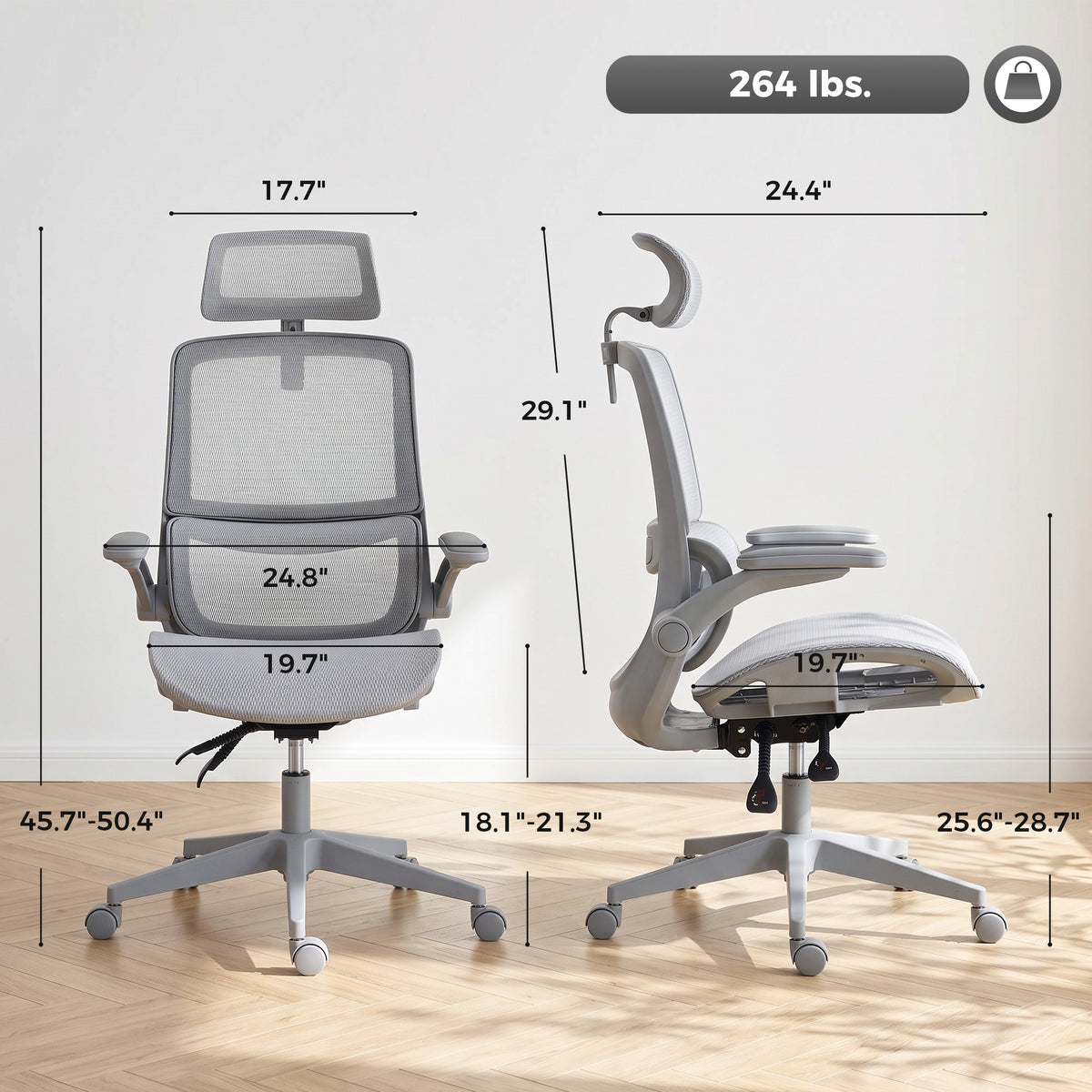 Ergonomic Office Chair with Adaptive Lumbar Support, Reclining Mesh Desk Chair with 2D Headrest, Flip-Up Arms, Gray