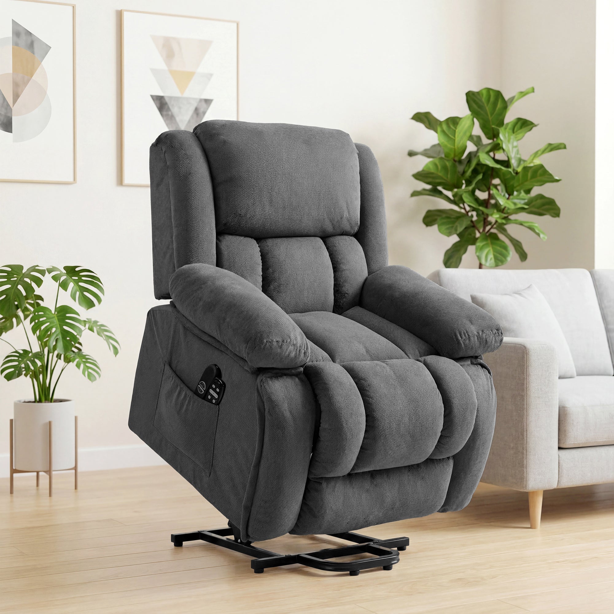 Overstuffed Power Lift Recliner Chair with Vibration Massage and Heat, Side Pockets, Pocket Spring, for Adults, Gray