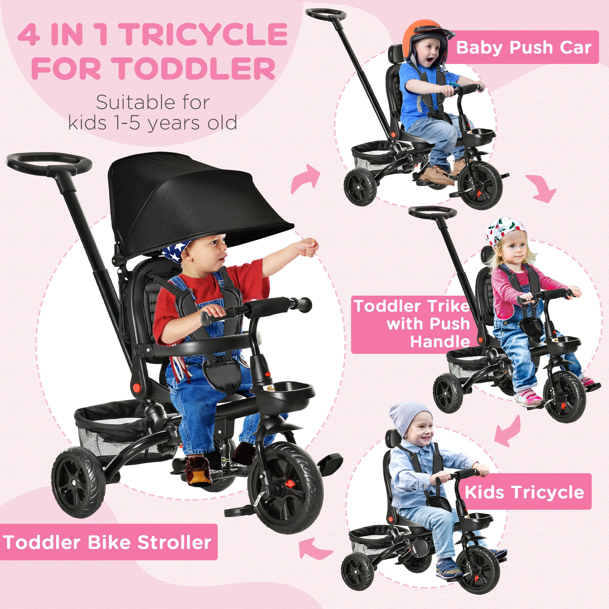 Kids Tricycle, 4 in 1 Foldable Trike with Reversible Seat, Adjustable Parent Handle, Safety Harness, Wheel Brakes, Removable Canopy, Storage, Tricycle for Toddlers 1-5 Years, Black
