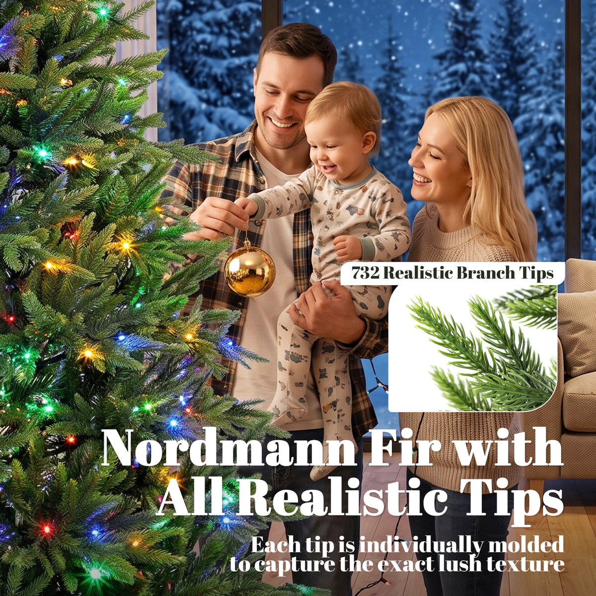 6ft Prelit Christmas Tree with Dual-Color LEDs, All Realistic Tips, Hinged Xmas Nordmann Fir with 11 Modes, Remote