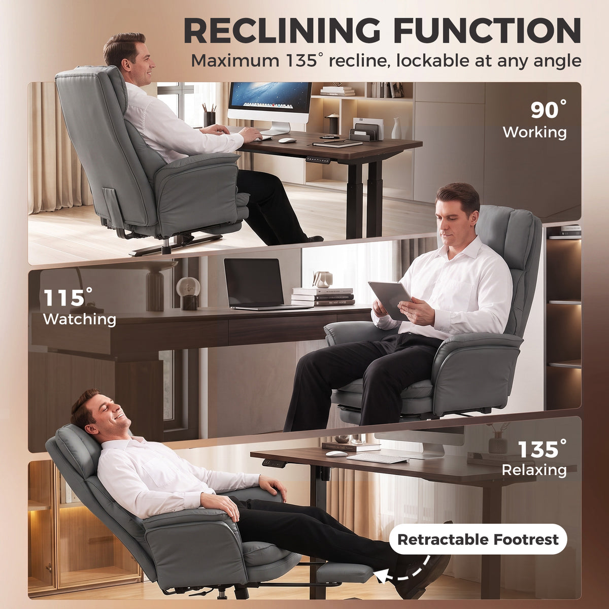 Cross Legged Office Chair w/ Footrest, 396 lbs Reclining Computer Desk Chair w/ High Back, Flip-up Armrests, Dark Gray