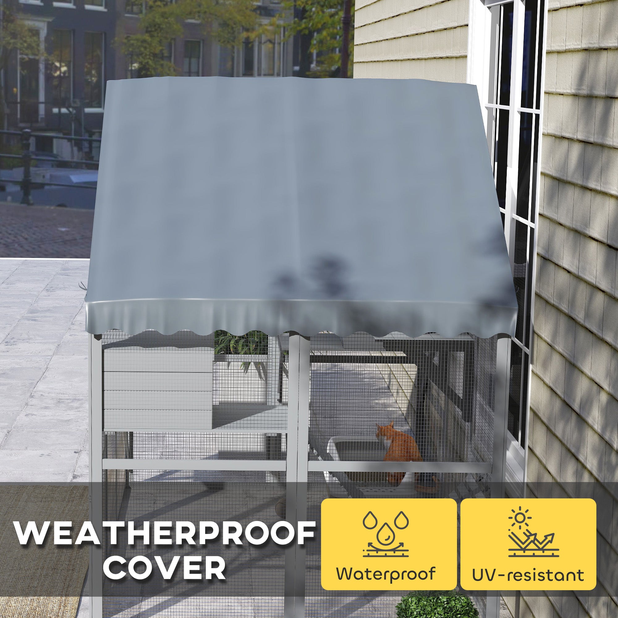 Wooden Catio Outdoor Cat Enclosure with Waterproof Cover, 2 Condos, 4 Platforms, Bridge, Doors, Gray - Gray - Image 5