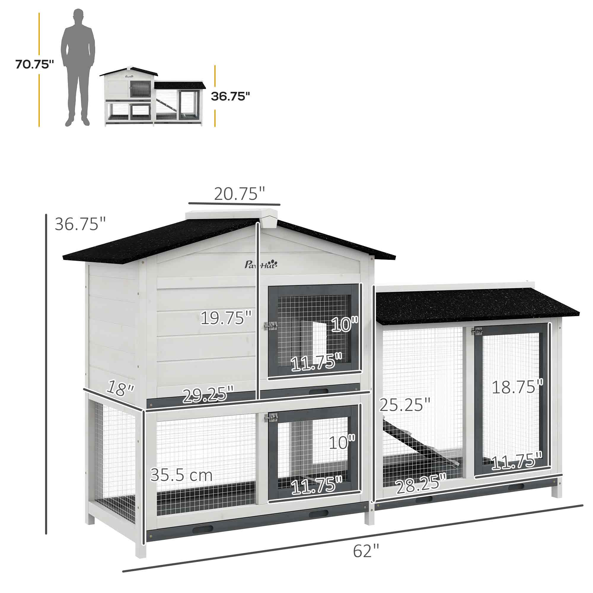 62" Rabbit Hutch, Wooden Bunny Hutch, Guinea Pig Cage, Small Animal Enclosure with Run Area, Removable Tray, Asphalt Roof, Lockable Doors and Ramp, for Rabbits, Chickens, Ducks, White - White - Image 3