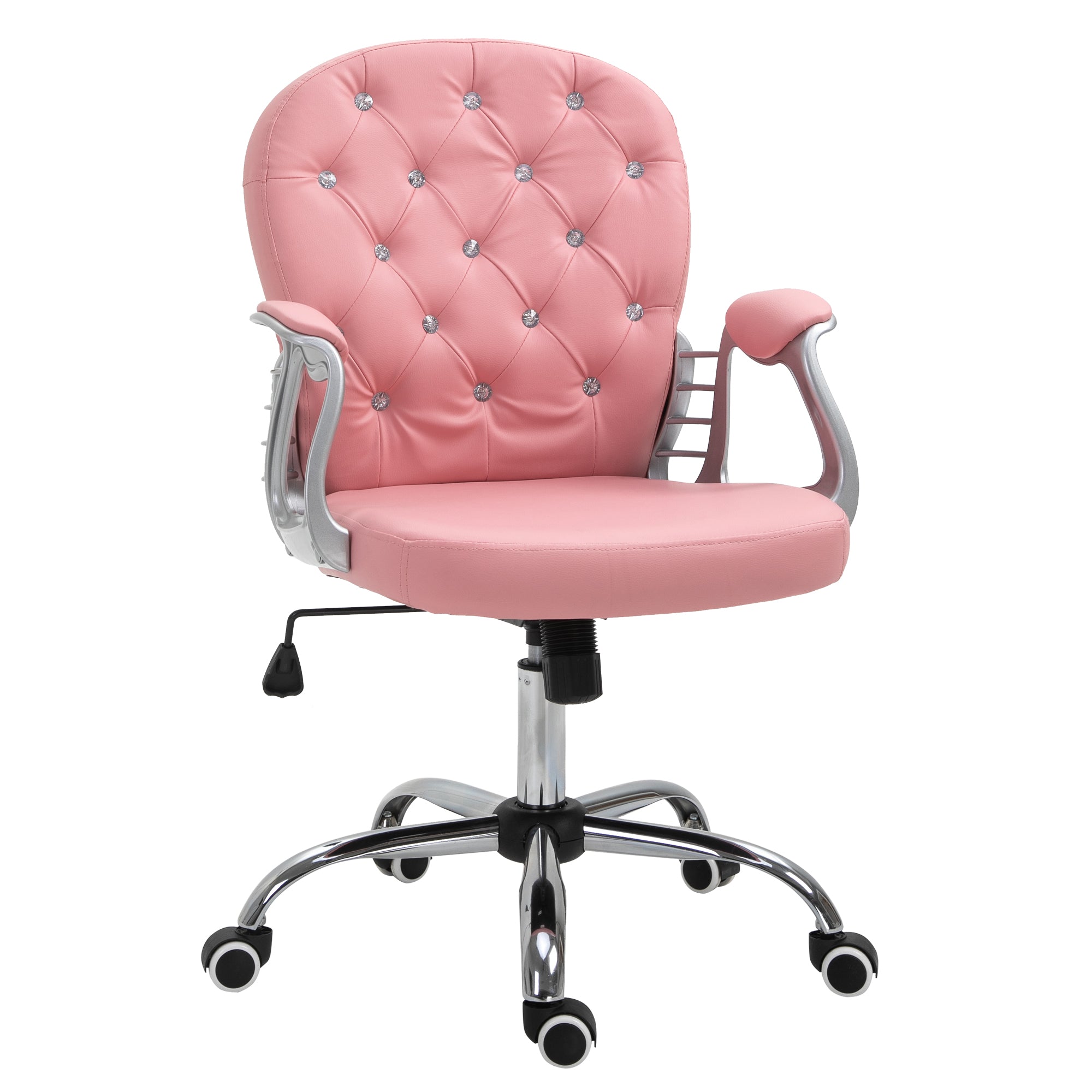 Makeup Vanity Chair, PU Leather Computer Task Chair with Button Tufted, Padded Armrests, Adjustable Height and Swivel Wheels, Pink