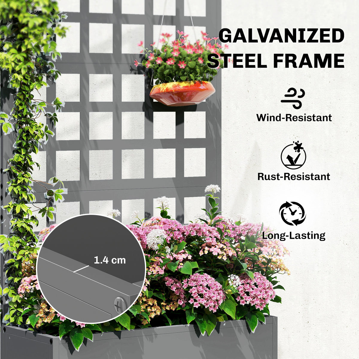 Galvanized Raised Garden Bed Planter Box with Trellis for Climbing Plants, Vegetable, Vines, 24" x 9" x 44.5", Gray
