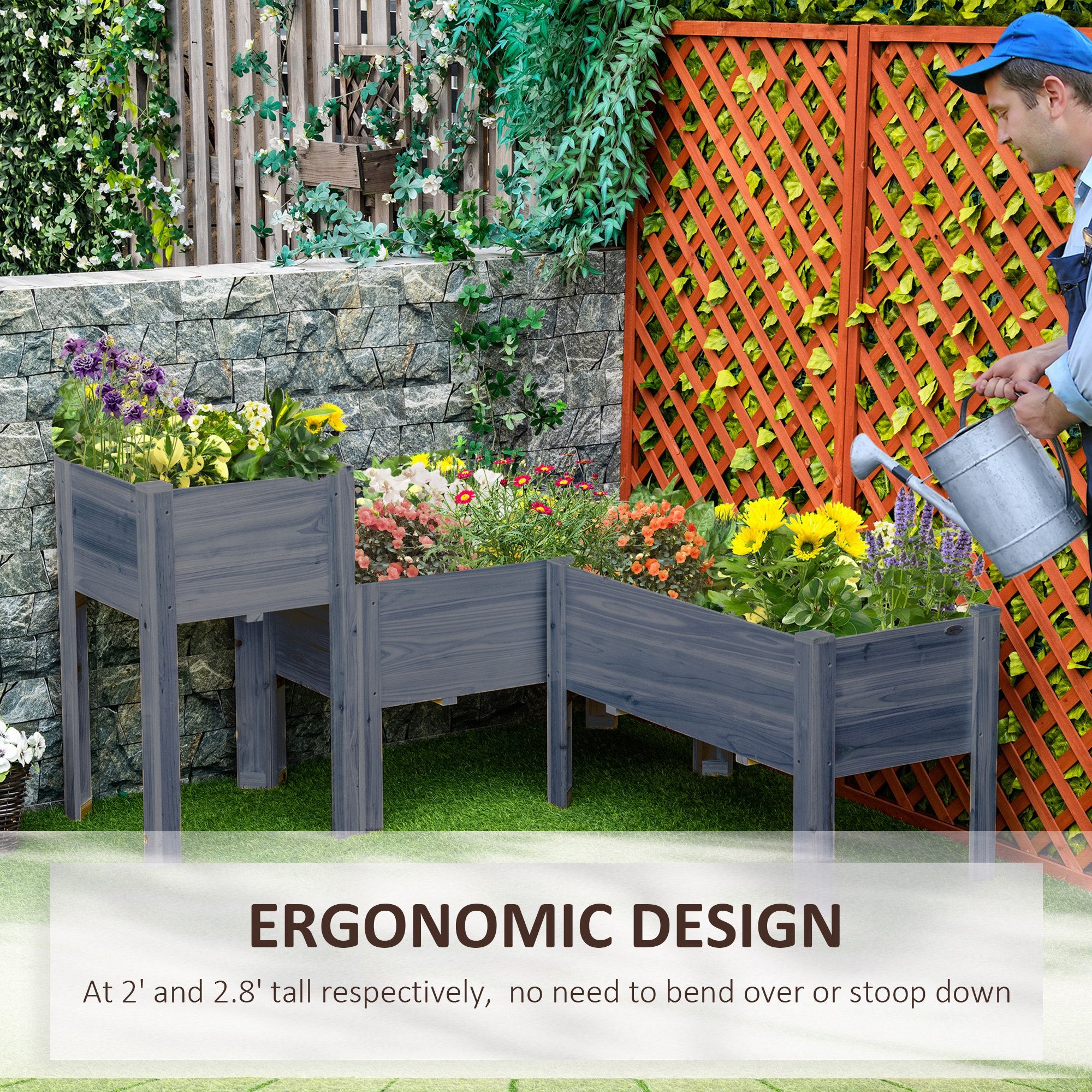 Raised Garden Bed Set of 3, Elevated Wood Planter Box with Legs and Bed Liner for Backyard and Patio to Grow Vegetables, Herbs, Gray - Gray - Image 5