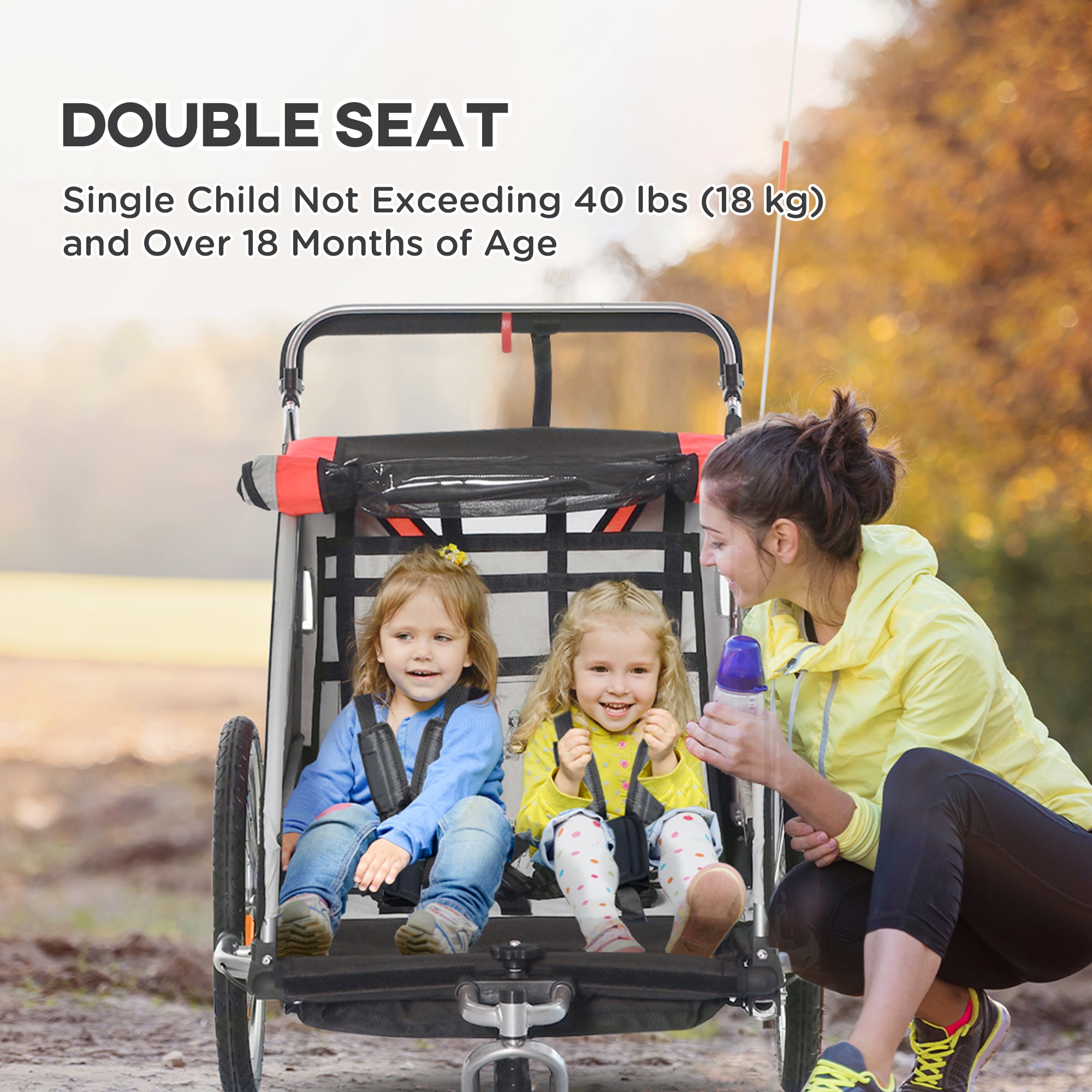 2-in-1 Walk/Ride Child Baby Bike Trailer for Kids 2 Seater, High-Visibility Bike Stroller for Toddler Wagon, Weather-Strong Double Bicycle Trailer Accessory, Red