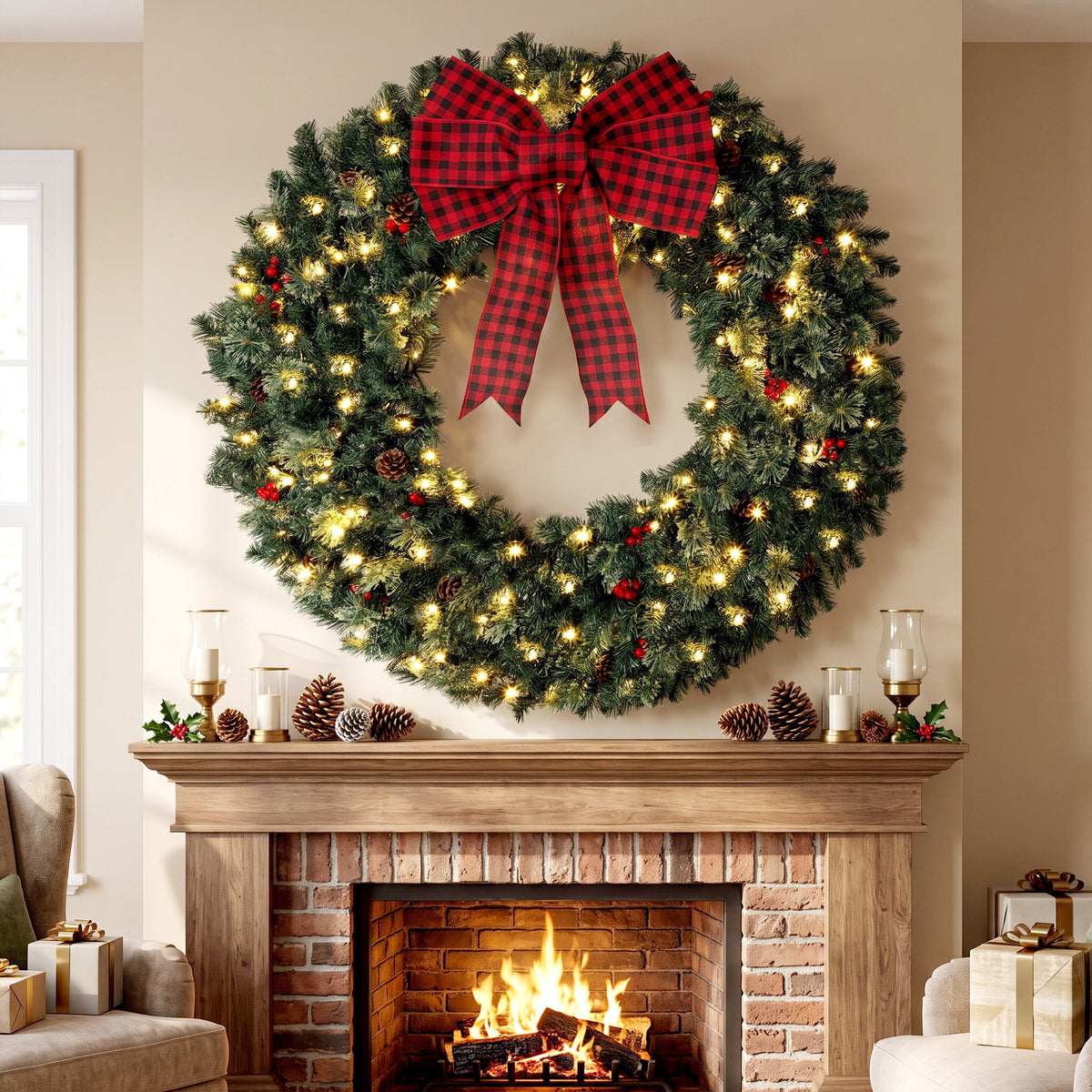 48" Prelit Crestwood Spruce Artificial Christmas Wreath, Christmas Decor with Bow, 8 Modes, Red Berries, Pinecones