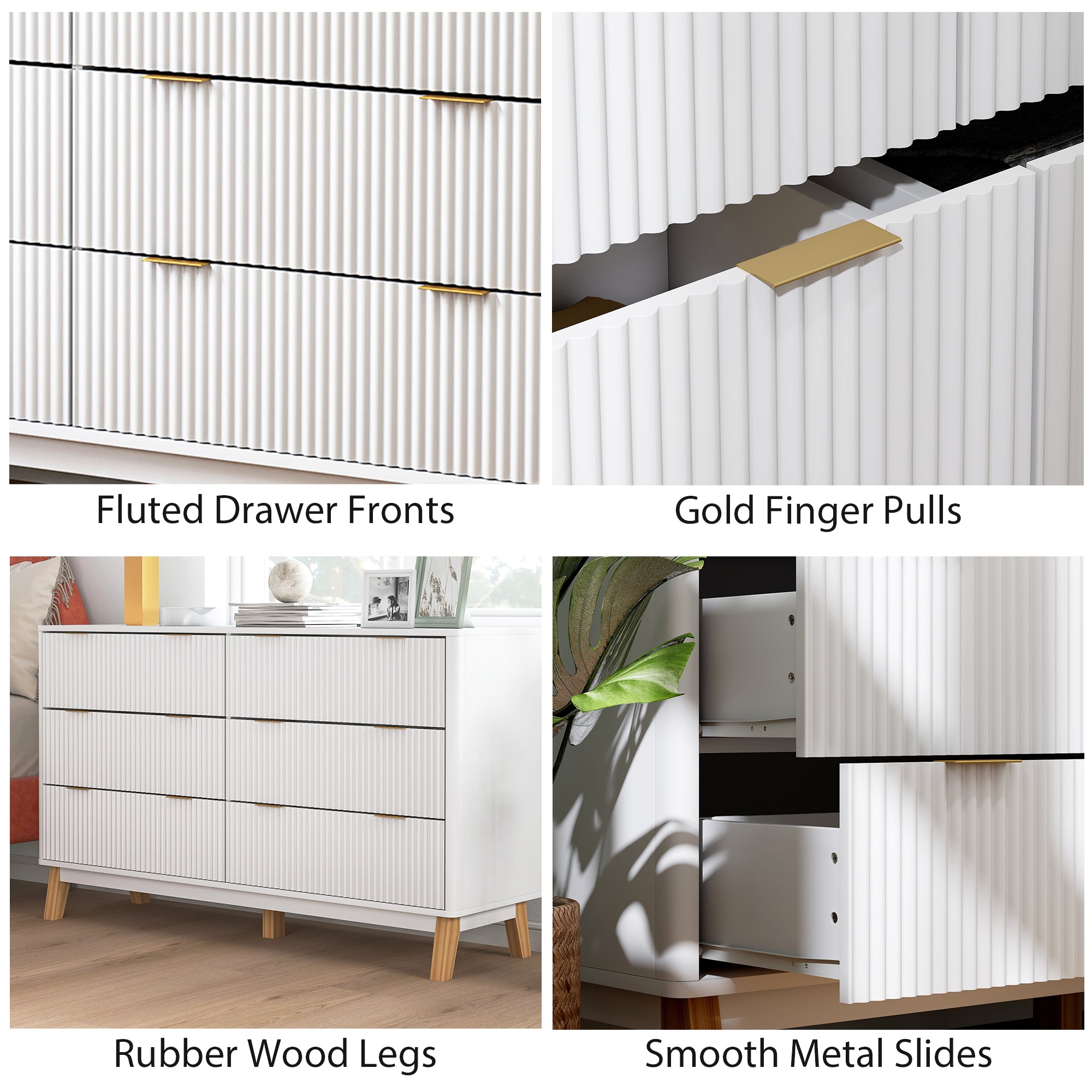 6 Drawer Double Dresser for Bedroom, Fluted Chest of Drawers with Gold Finger Pulls and 5 Wood Legs, White