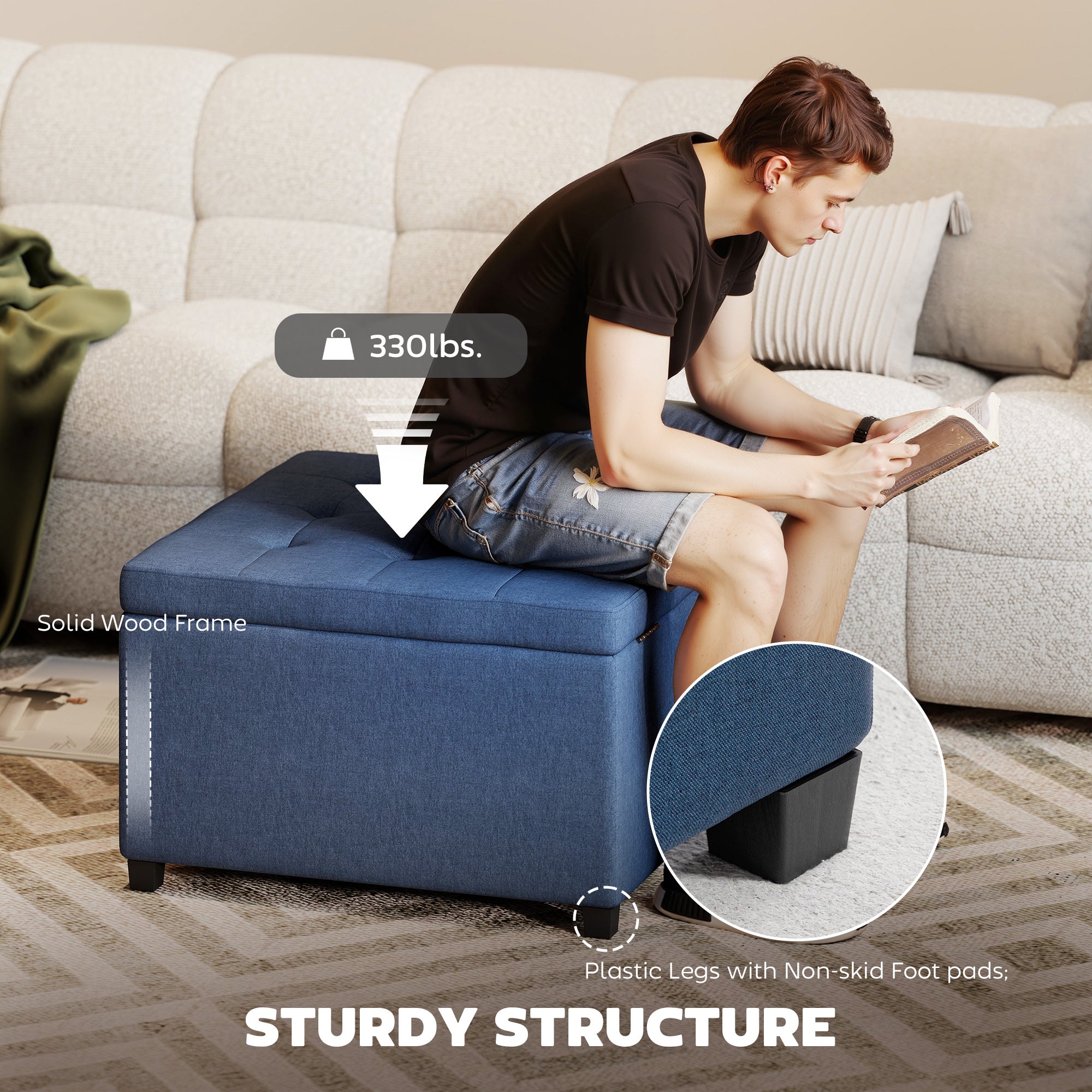Round Storage Ottoman Bench, Button Tufted Ottoman with Flip Top for Living Room, Entryway and Bedroom, Blue