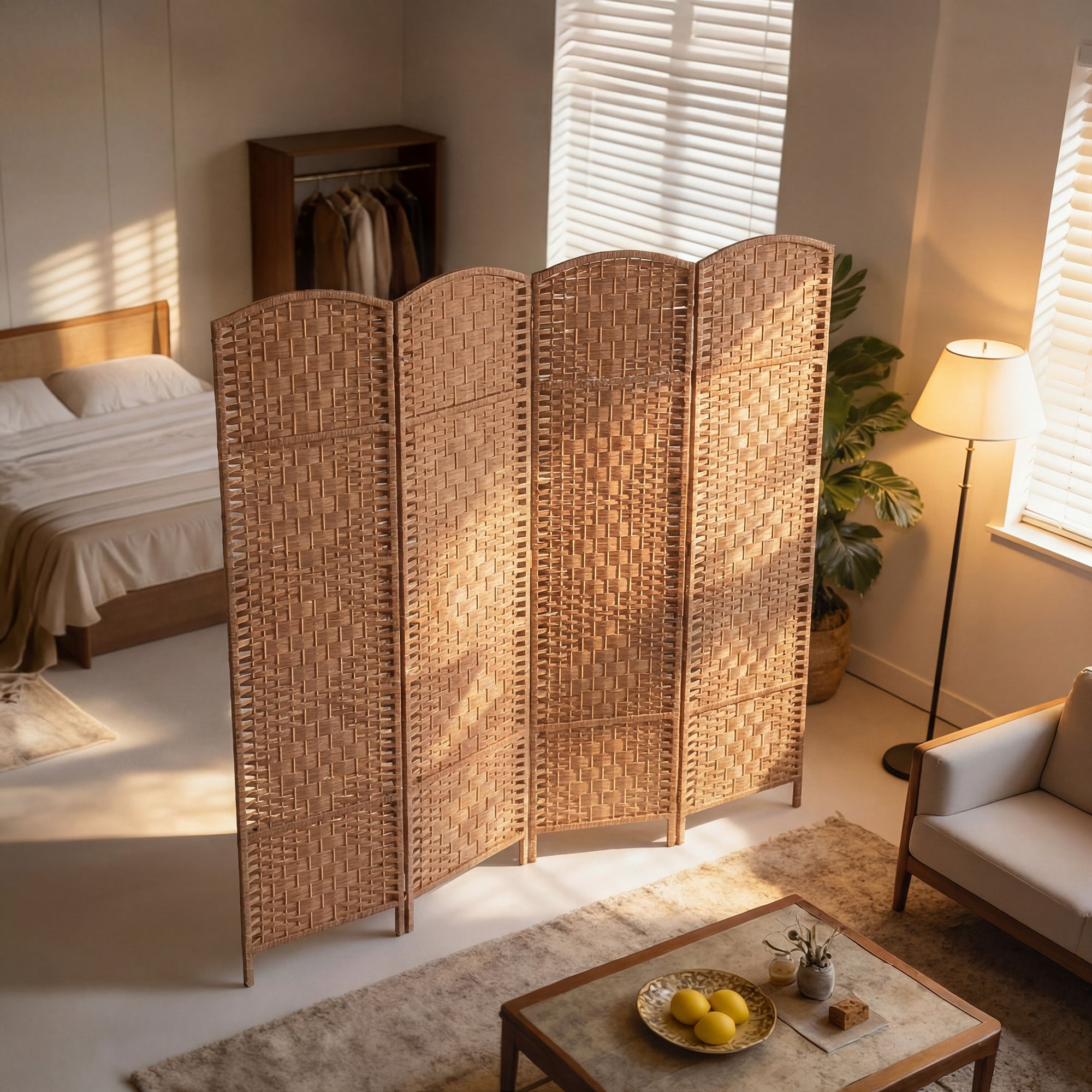 Room Divider 4 Panel, 6FT Tall Folding Privacy Screen, Freestanding Hand-Woven Partition for Room Separation with 360° Hinges, Paper Rope Diamond Weave, Natural
