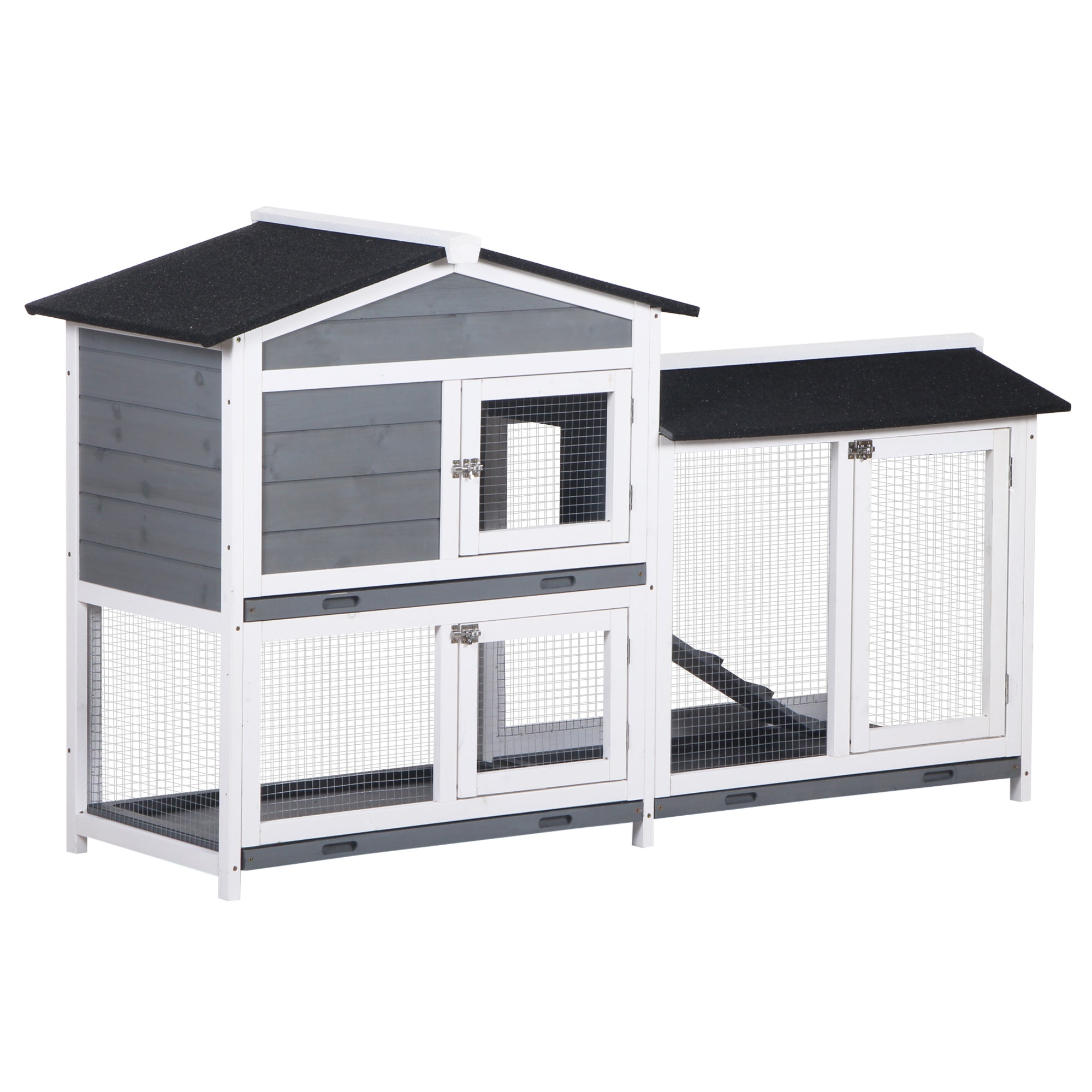 2-tier Indoor Rabbit Enclosure, Wood Hutch Backyard Small Animal House Ramp Outdoor Run Enclosed - Grey