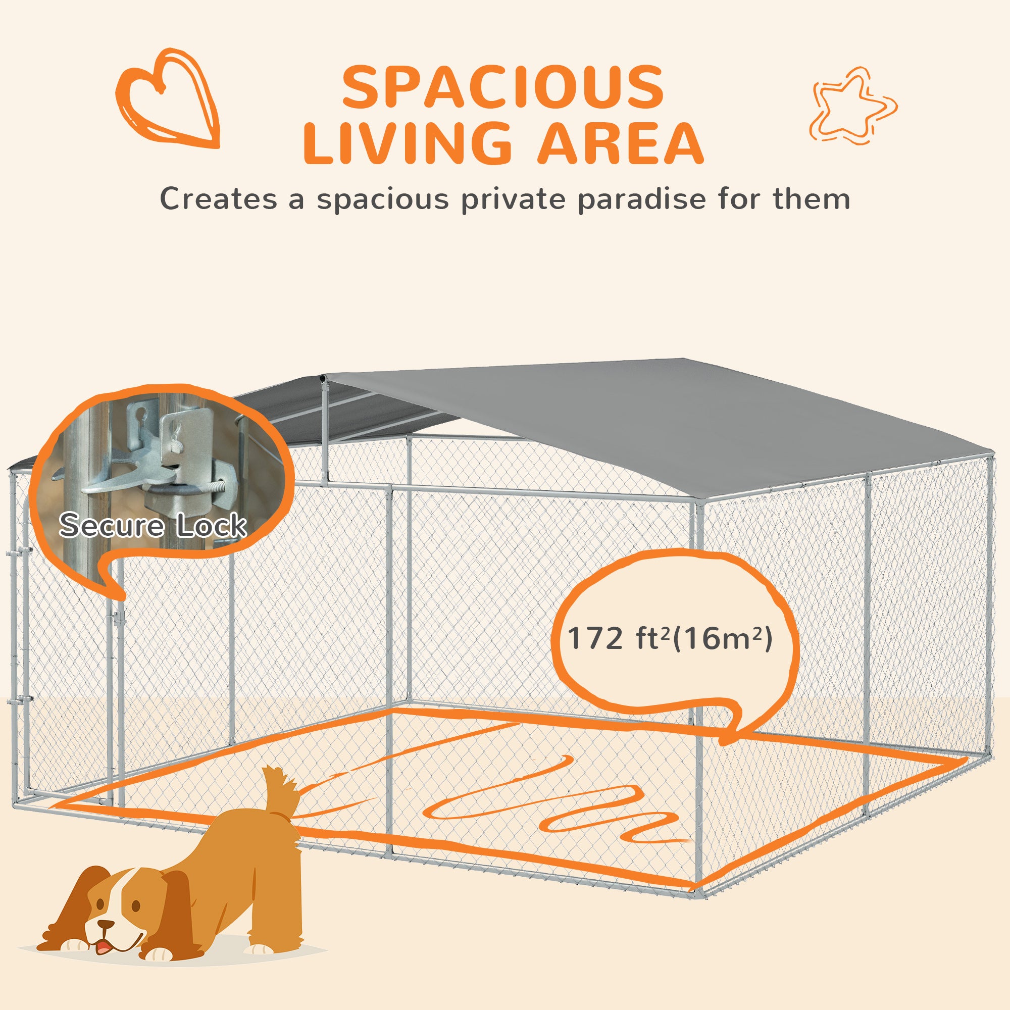 Dog Kennel Outdoor Dog Run w/ Canopy, 13' x 13' x 7.5' - Silver - Image 4