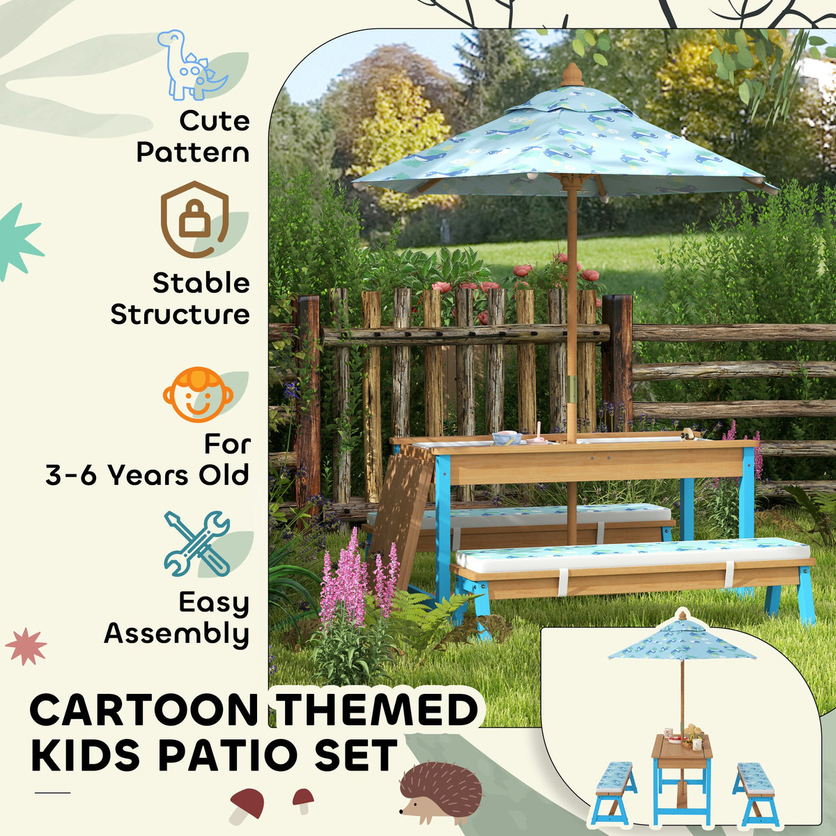 Qaba Kids Picnic Table Set with Foldable Umbrella, Removable Cushions & Boxes, Dinosaur Theme, Blue