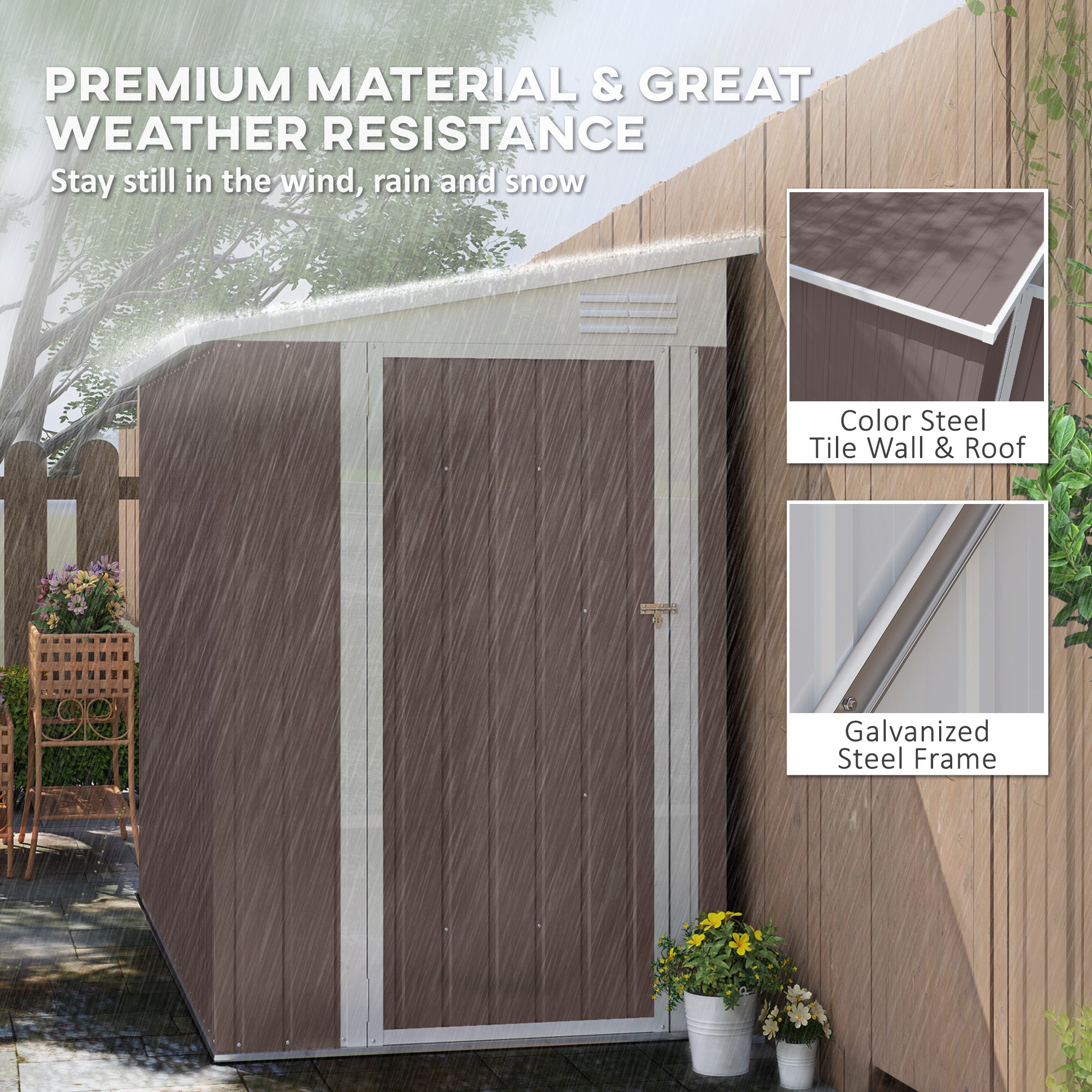4' x 7.7' Lean to Garden Storage Shed, Outdoor Metal Tool House with Lockable Door Vents for Backyard Patio Lawn - Brown - Image 5