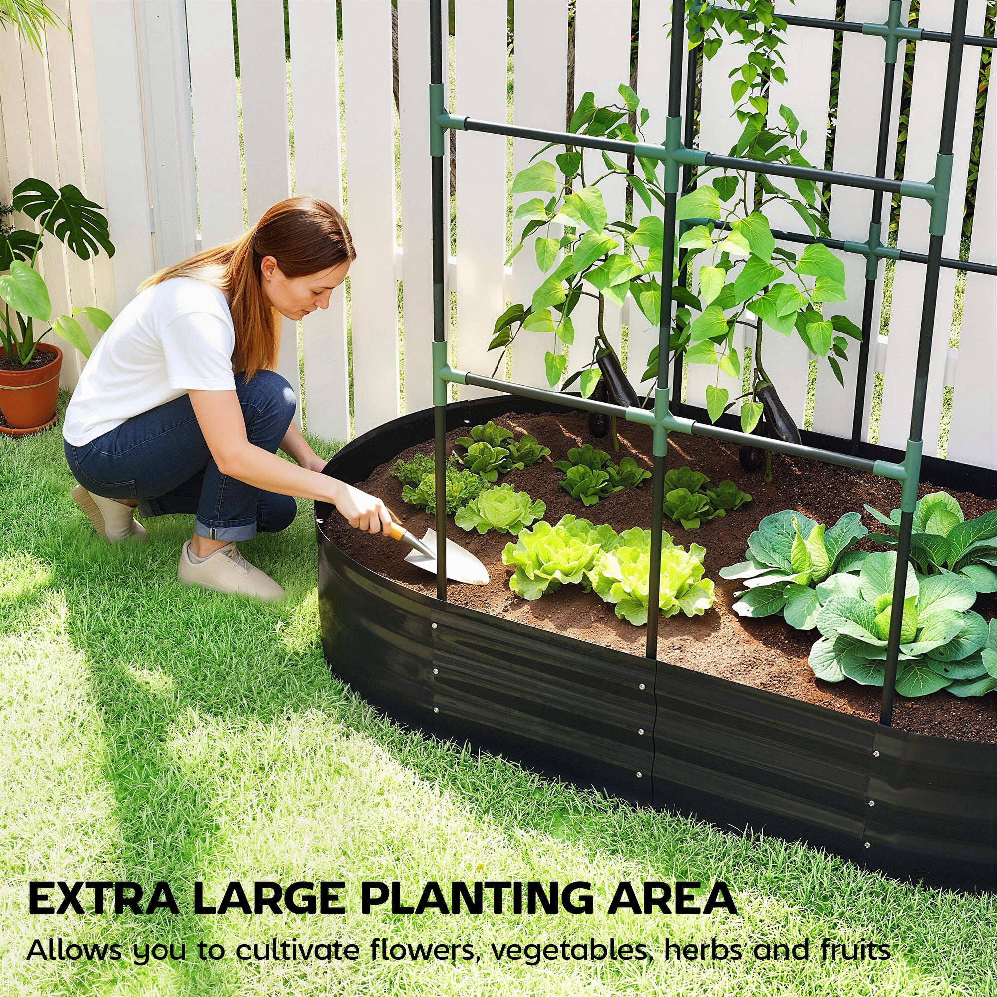 Galvanised Raised Garden Bed with Arched Trellis, 5 x 3 x 6ft Metal Outdoor Planter Box with Open Bottom, Dark Gray - Dark Gray - Image 4